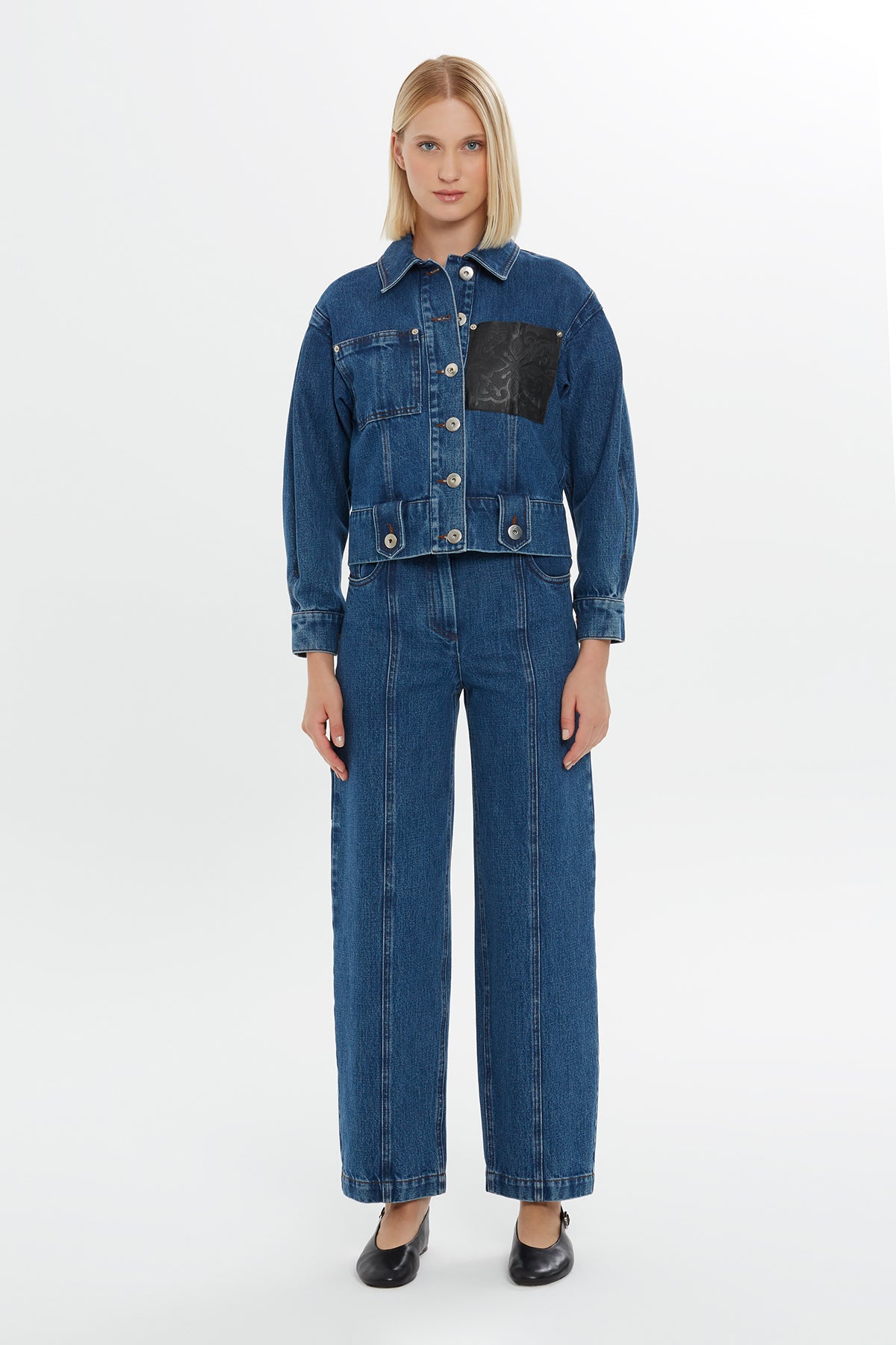 Short Denim Jacket with Leather Details N