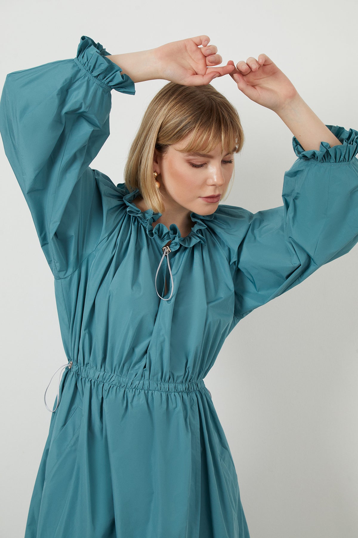 Turquoise Dress with Ruffles and Gathered Waist N