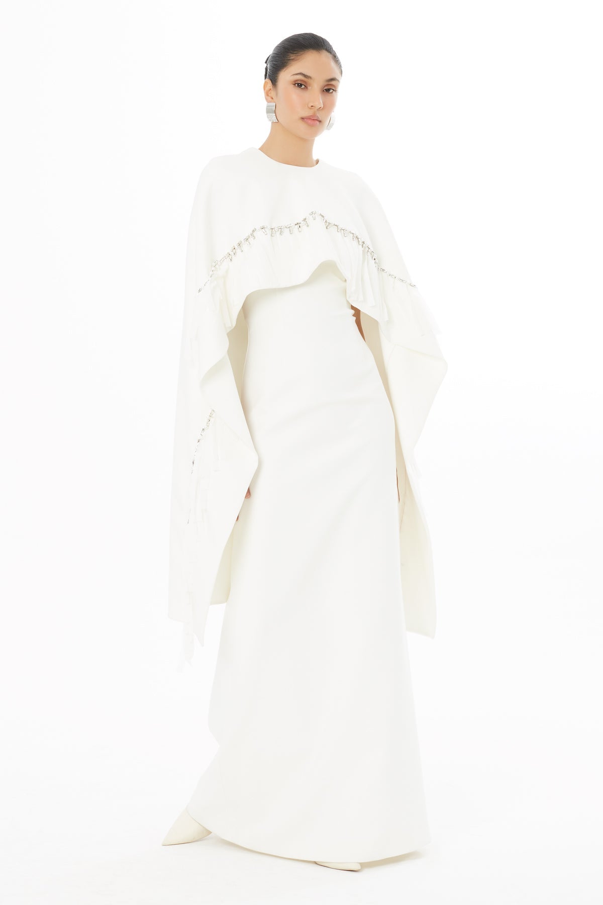 Ecru Embroidered Cape Long Dress