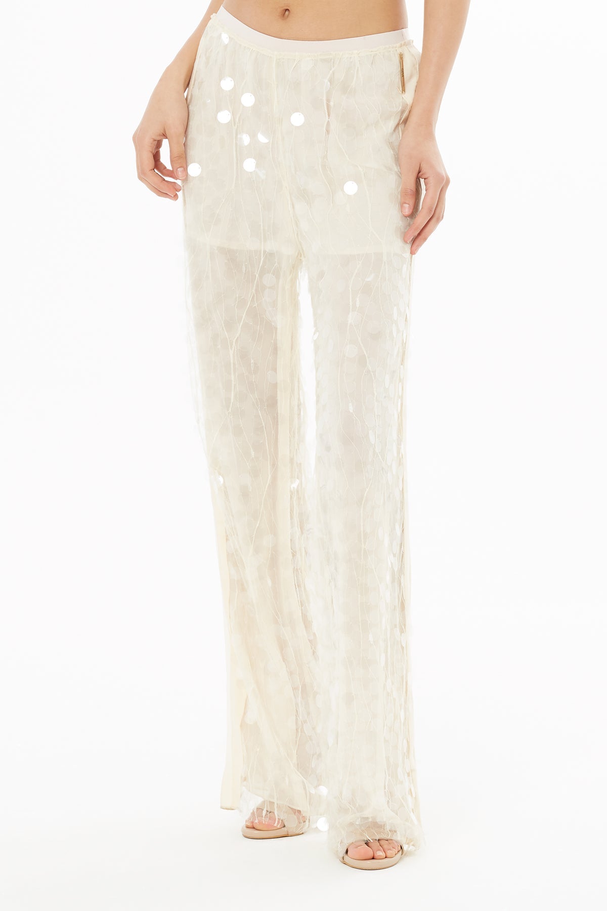 Ecru Sequin-Embellished Trousers