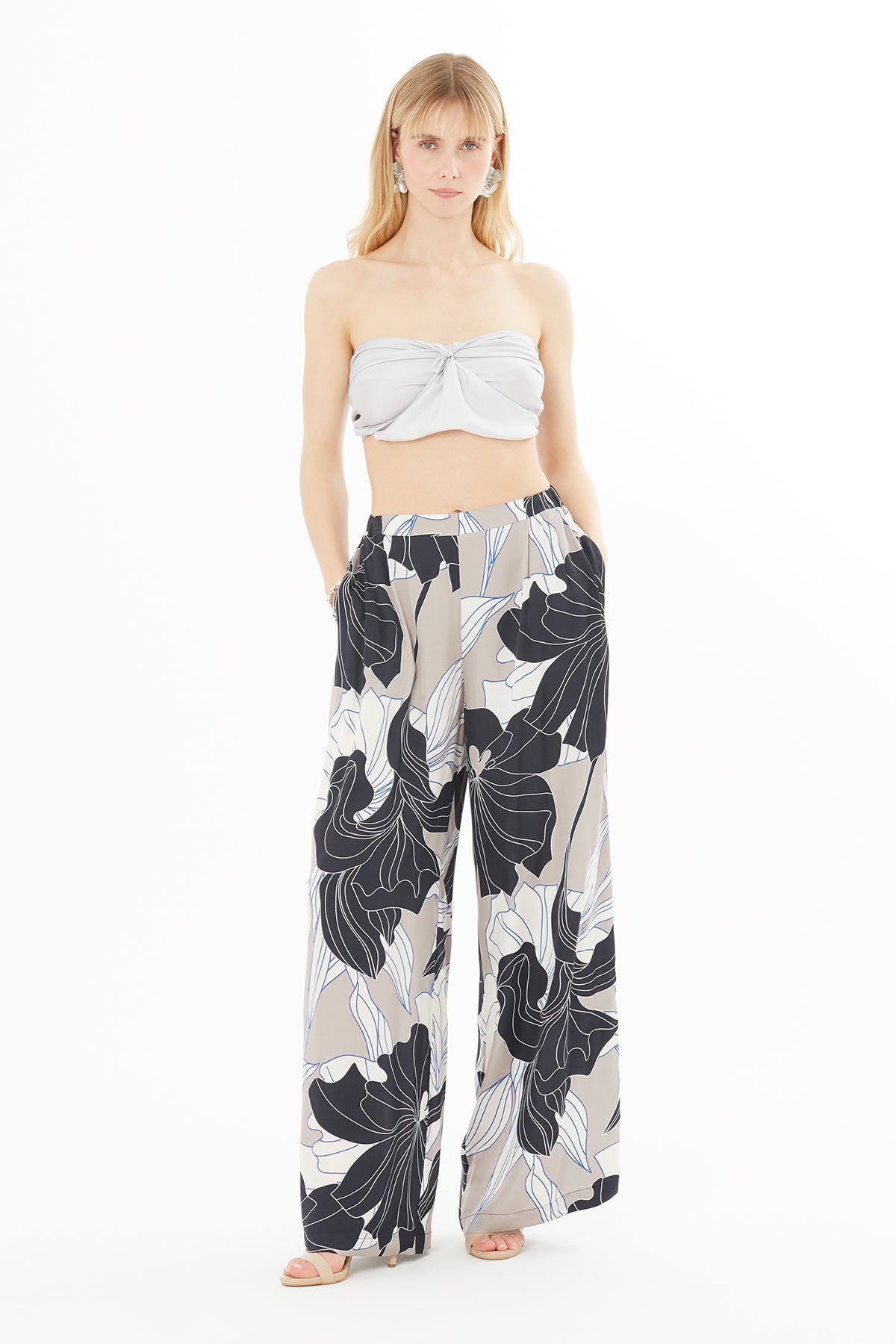 Printed Navy Wide-Leg Trousers