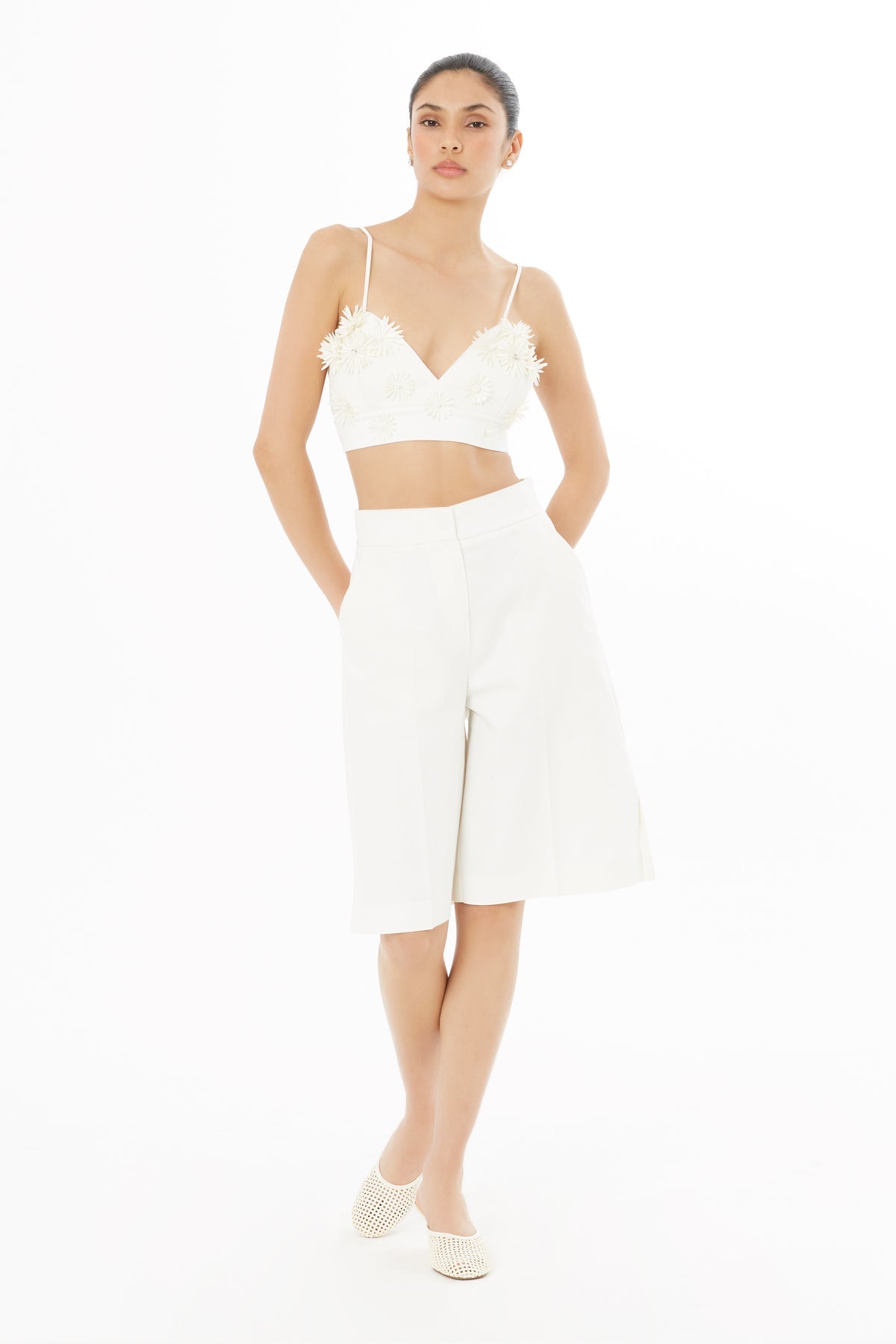 Ecru Slit-Hem Bermuda Shorts