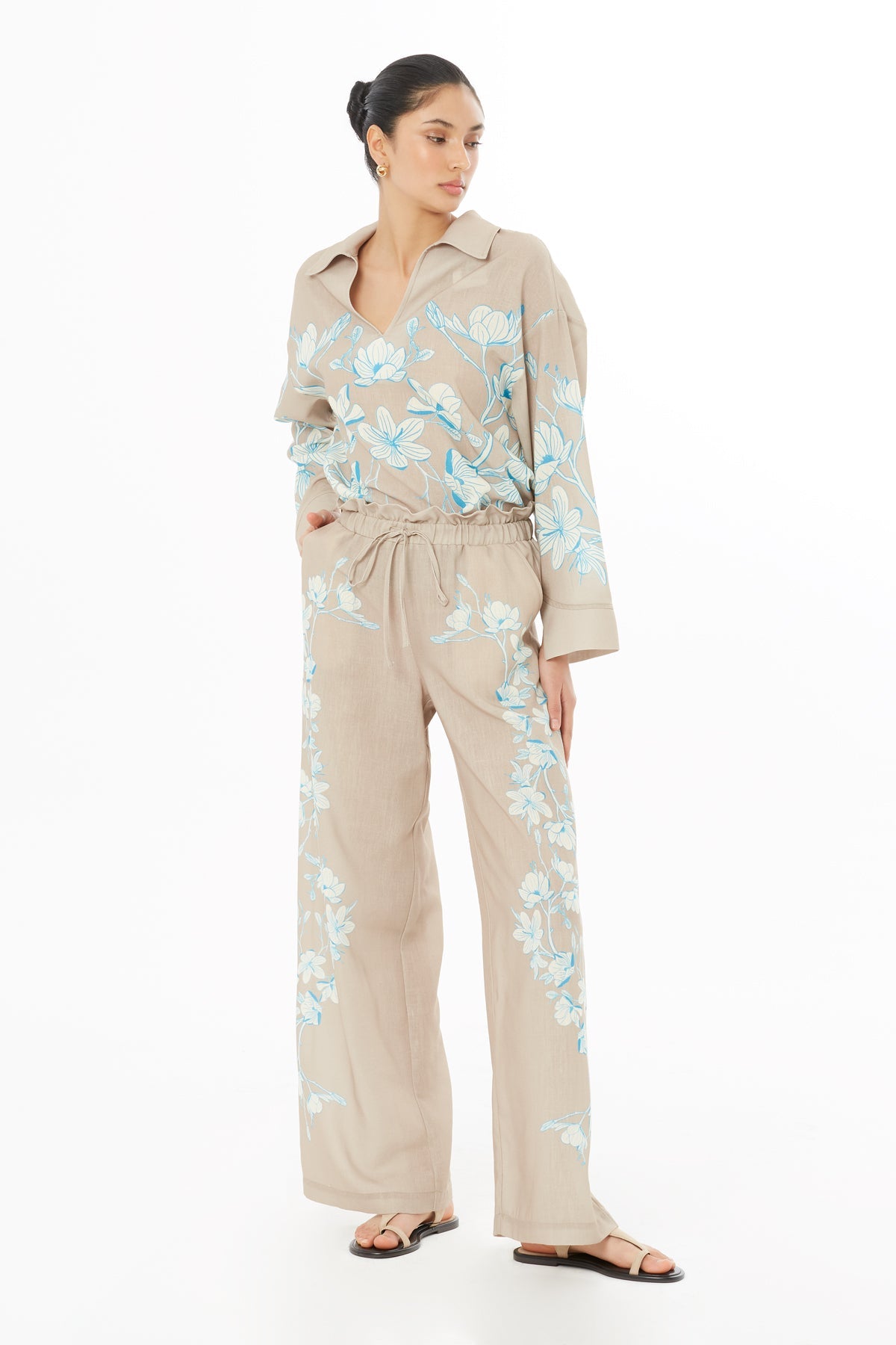 Beige Floral-Patterned Trousers