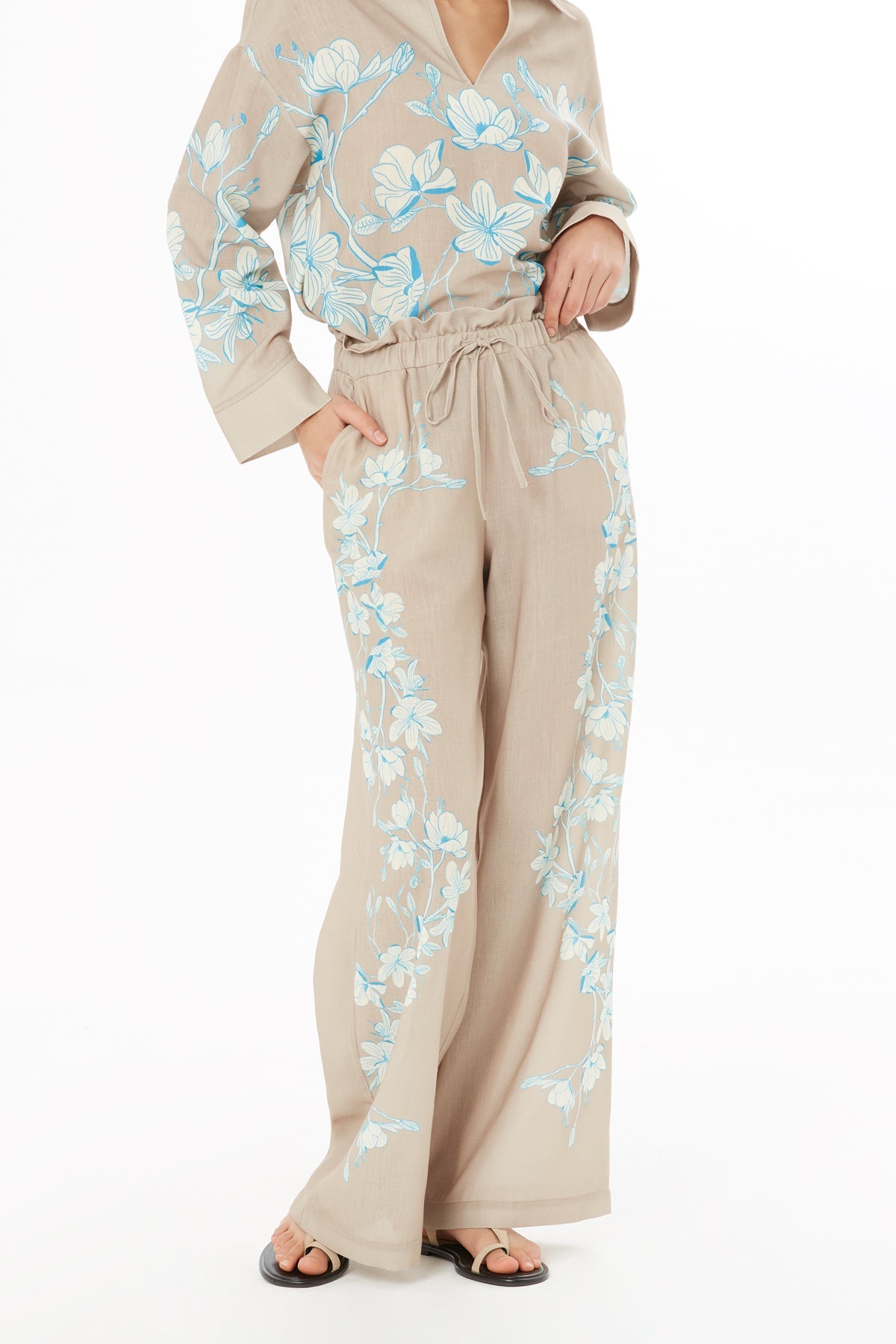Beige Floral-Patterned Trousers