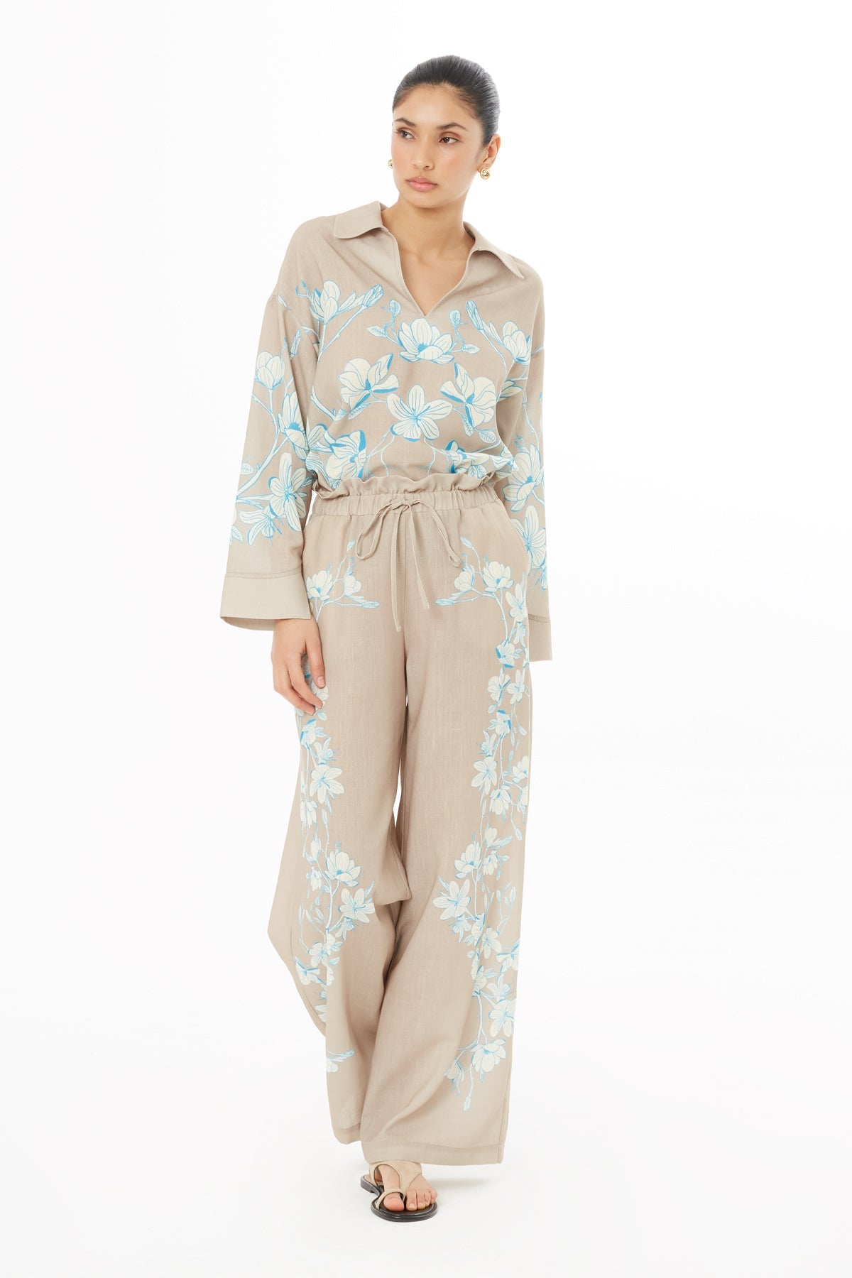 Beige Floral-Patterned Trousers