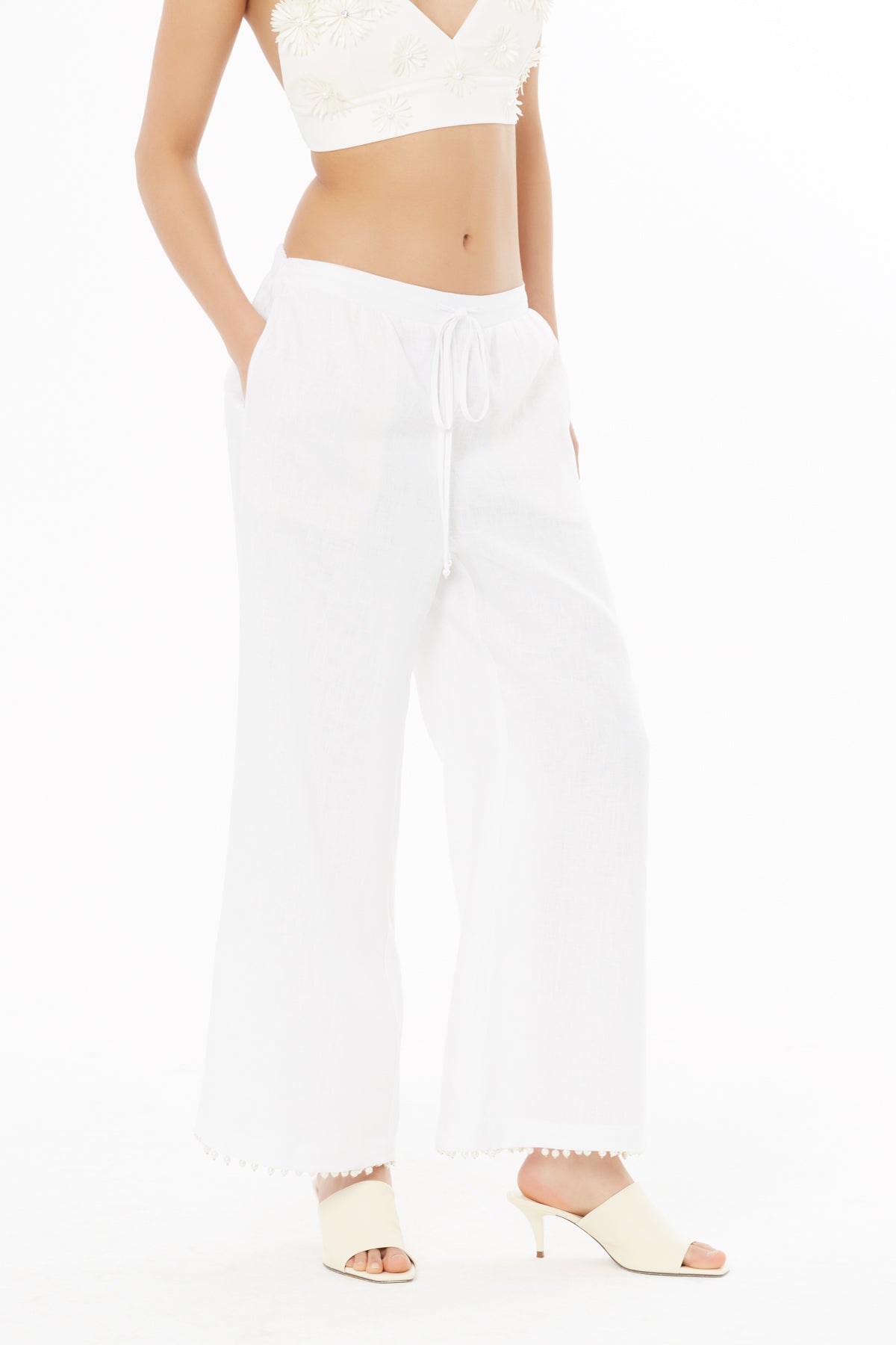 White Linen Trousers with Pearl Detail