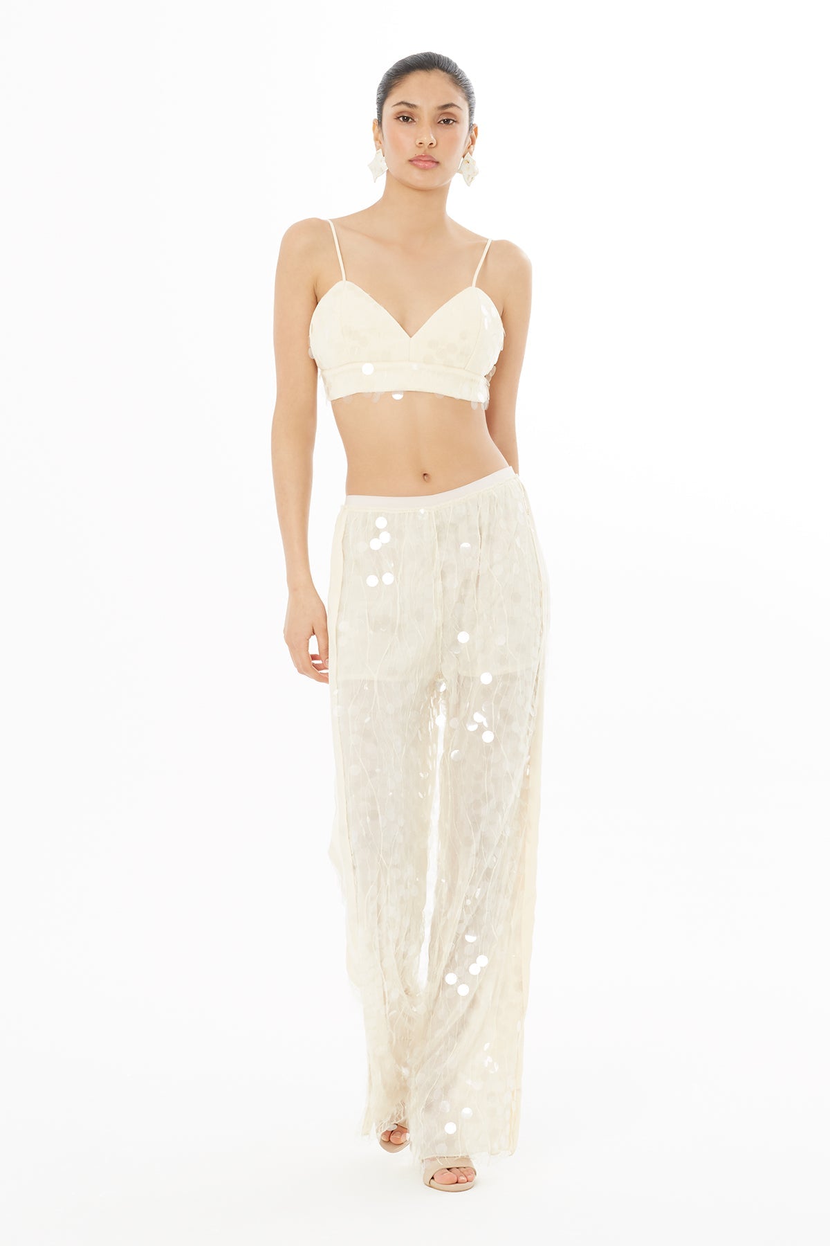 Ecru Sequin Sheer Strappy Bustier