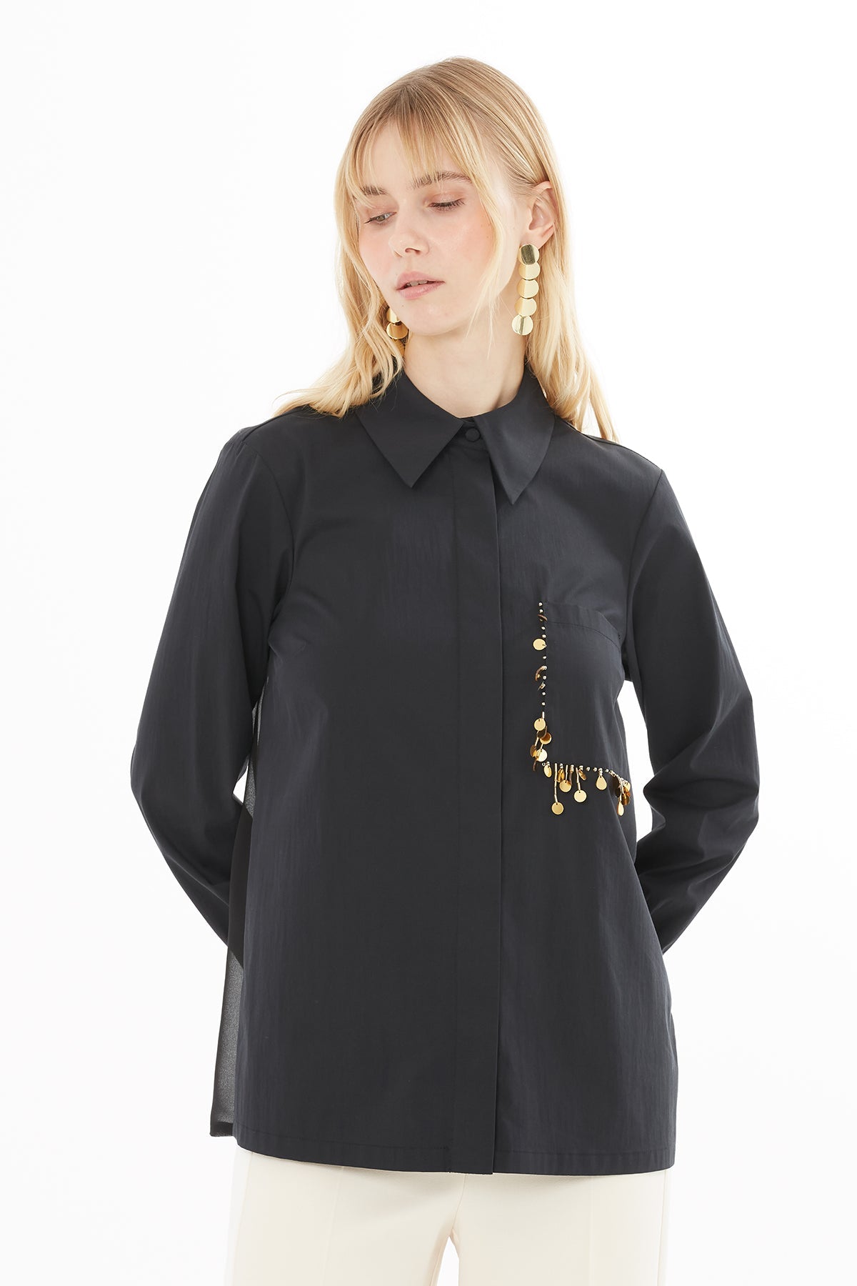 Black Tulle-Detail Shirt