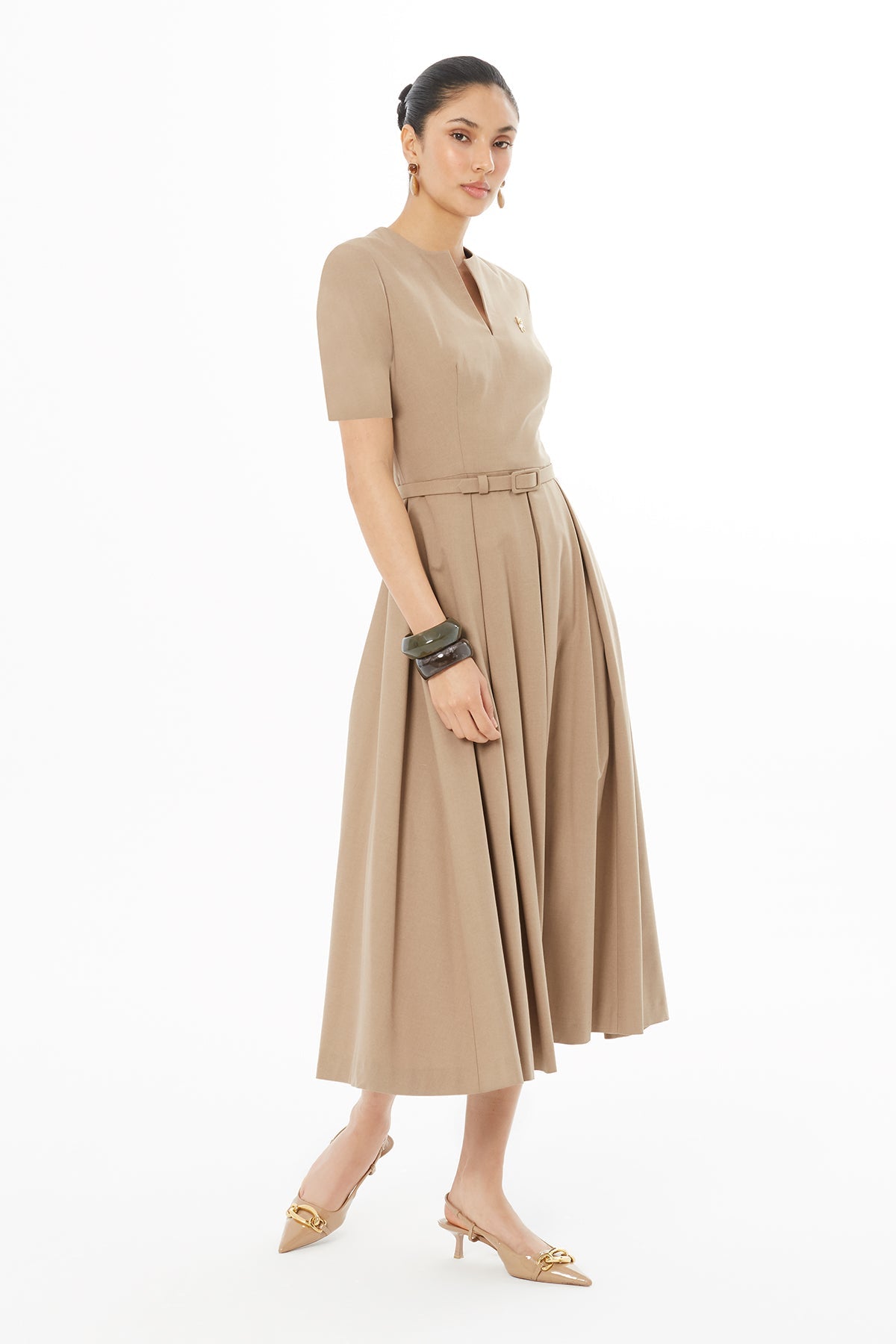 V-Neck Pleated Hem Long  Dress