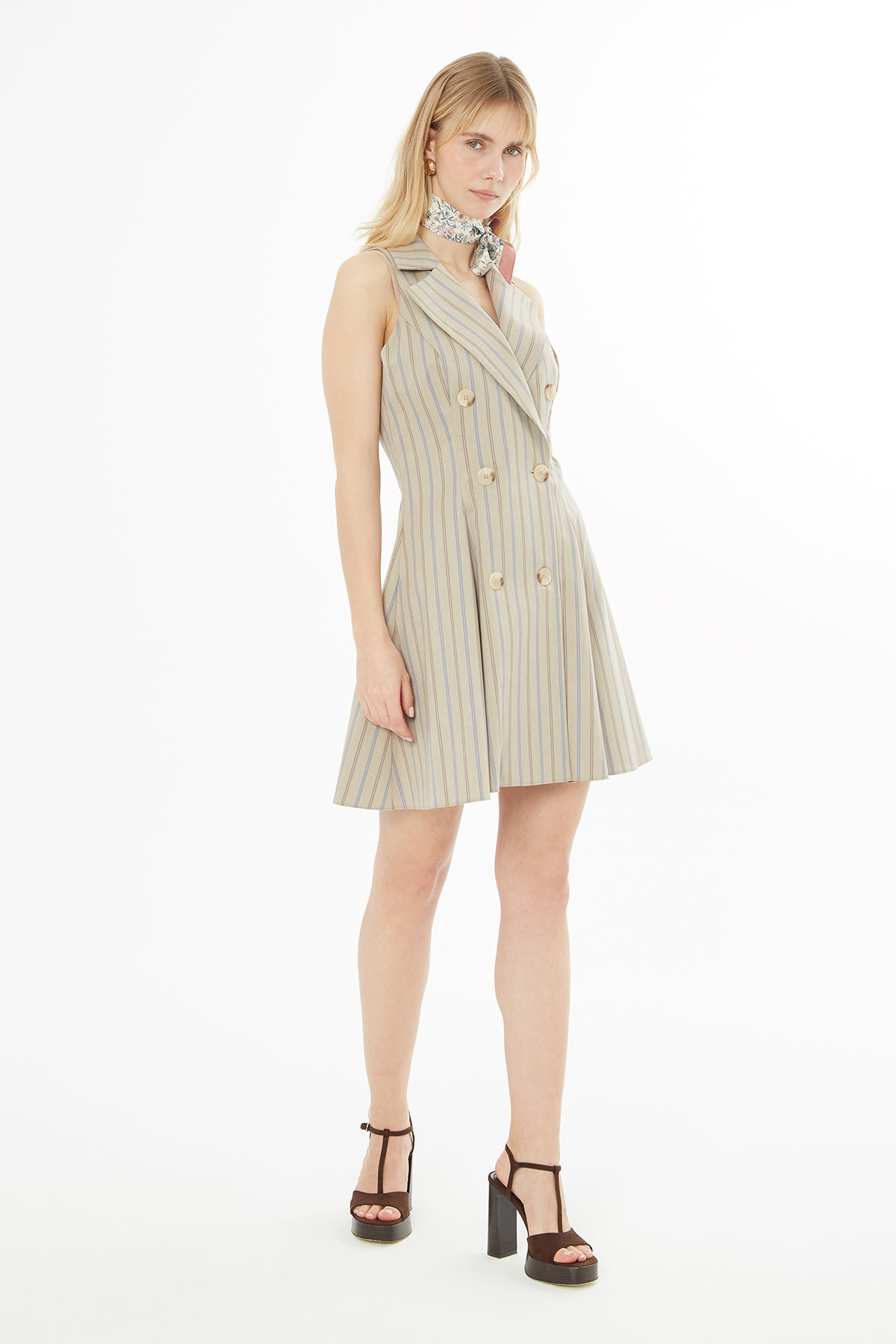 Beige Wide-Neck Short Dress