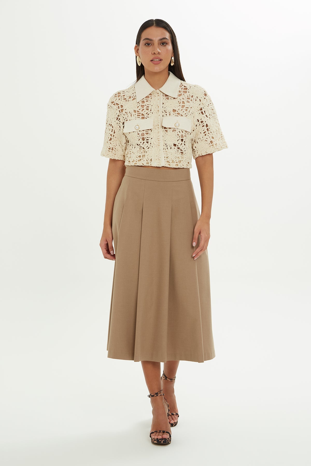 Beige Pleated Midi Skirt
