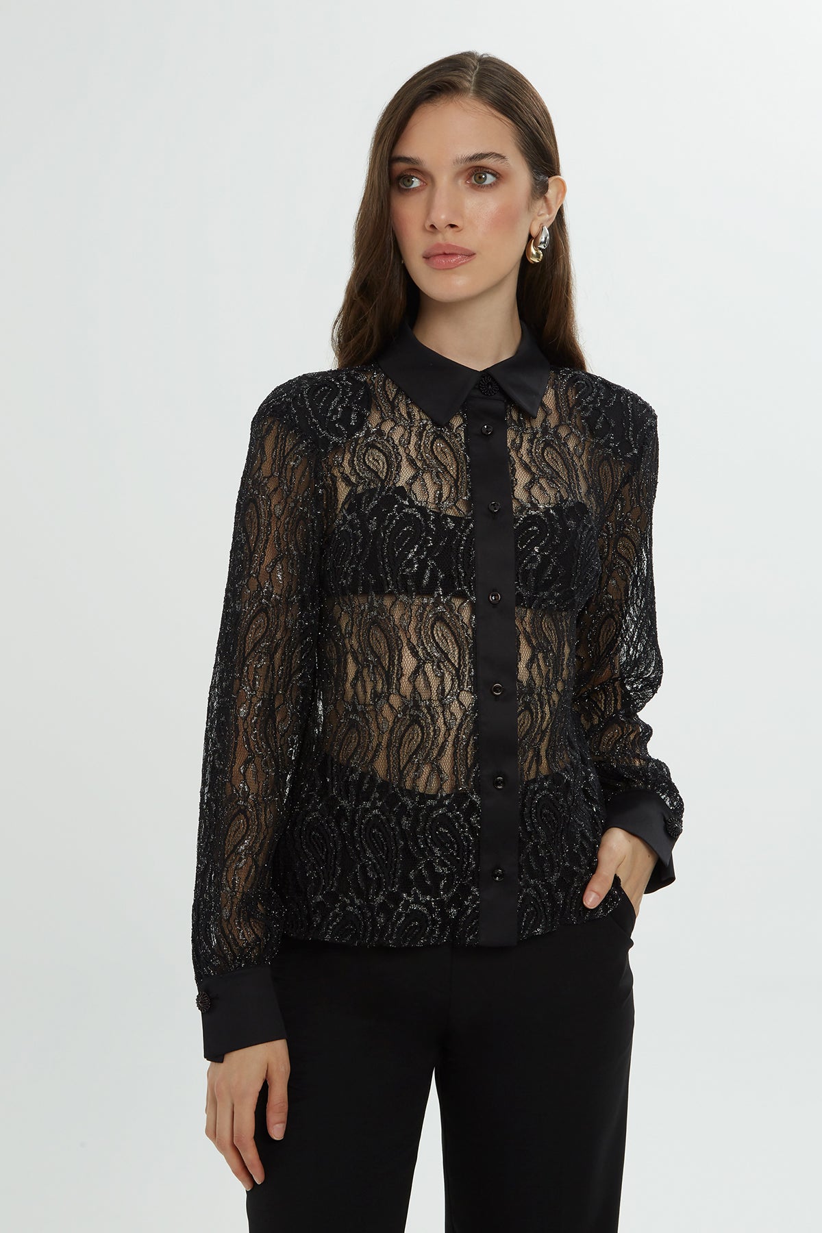 Black Textured Pattern Sheer Shirt