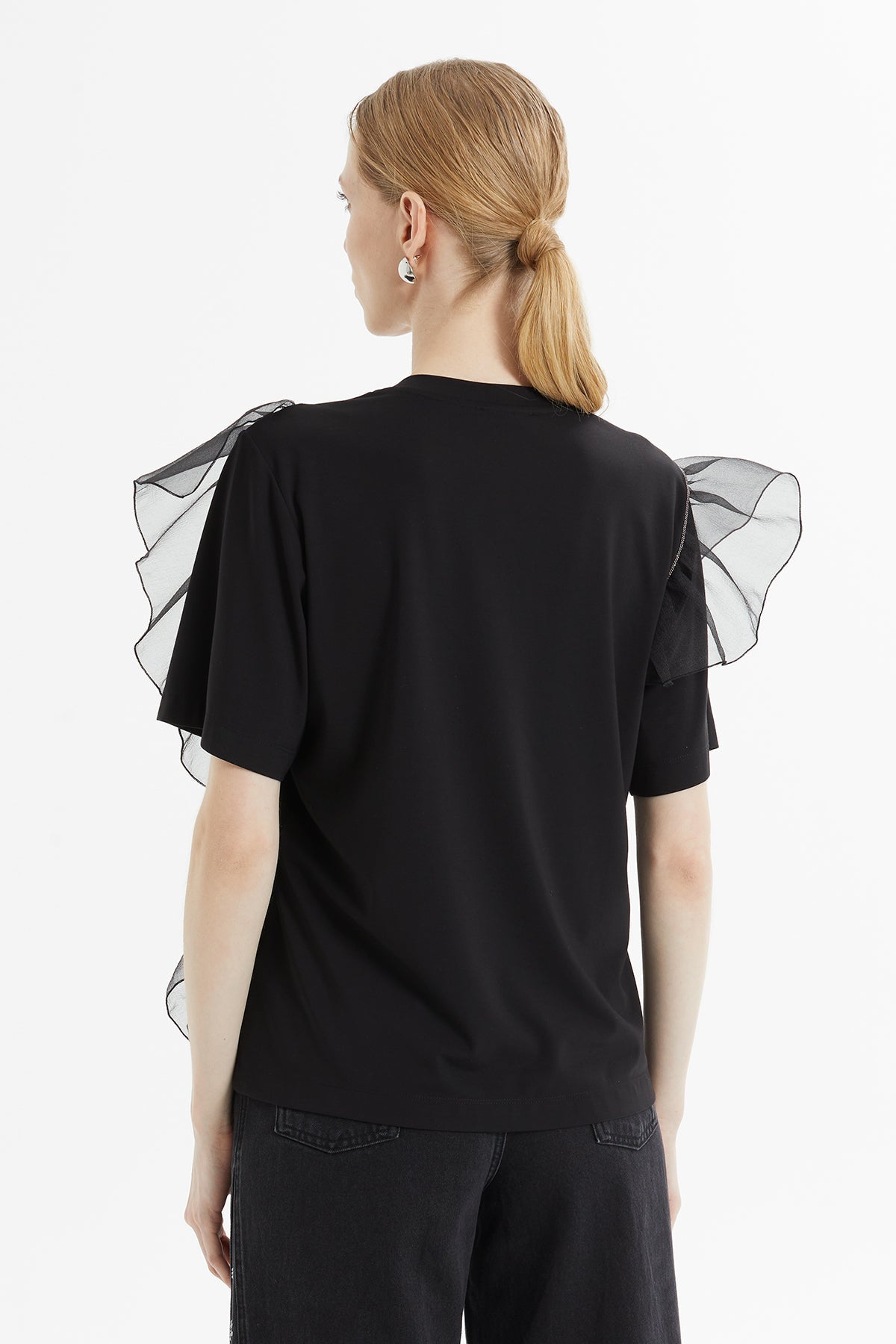 Ecru T-Shirt with Tulle Ruffle Detail