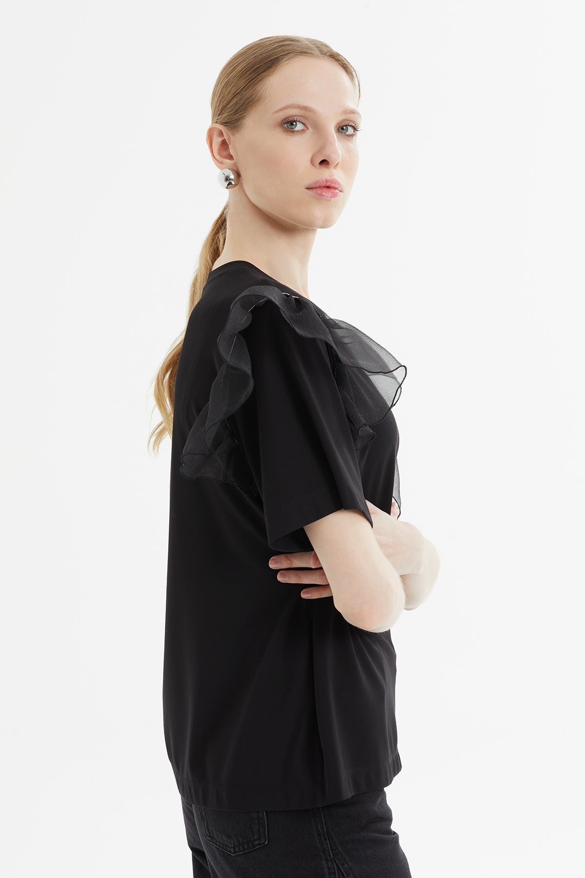 Ecru T-Shirt with Tulle Ruffle Detail