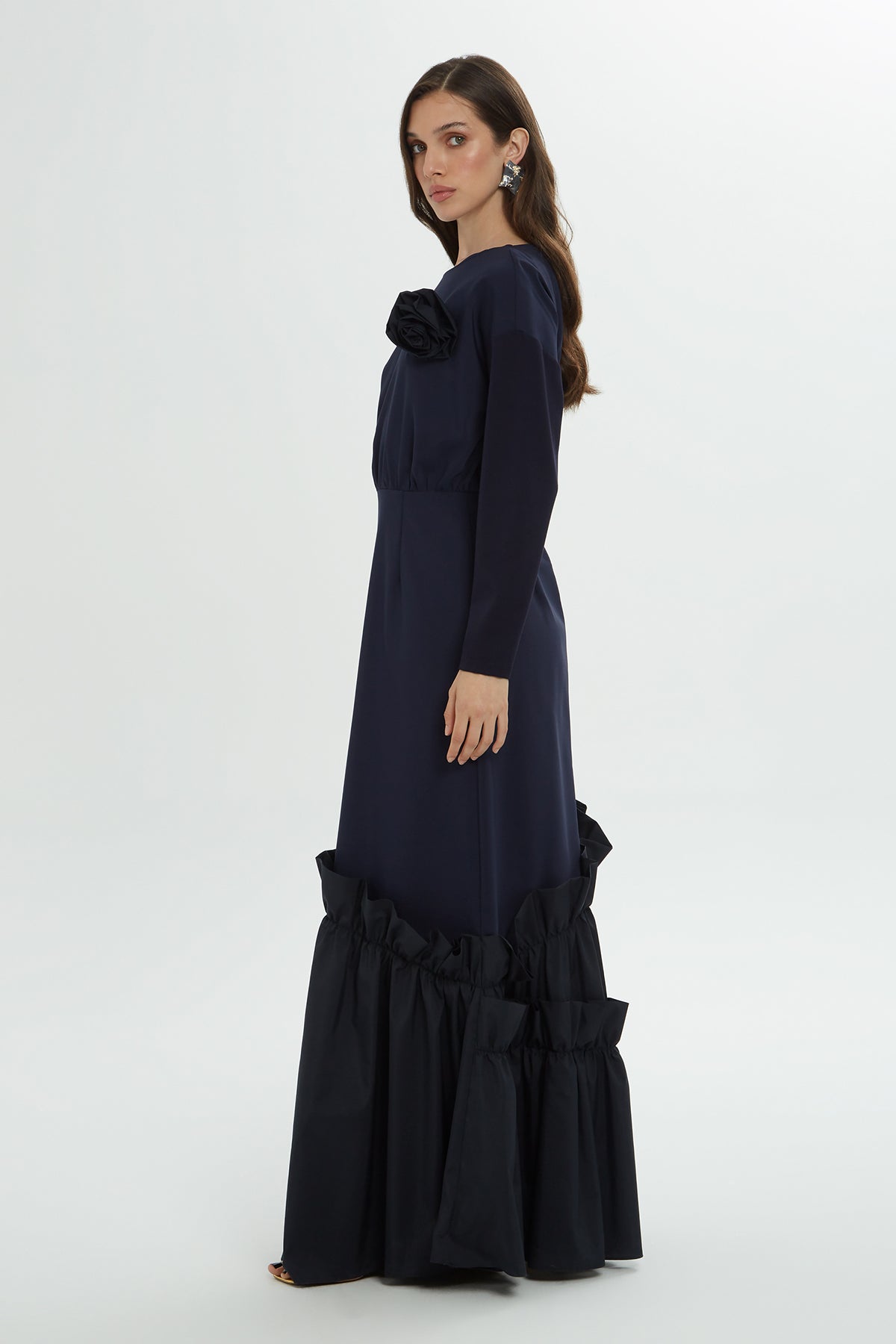 Navy Long Dress with Ruffle Details