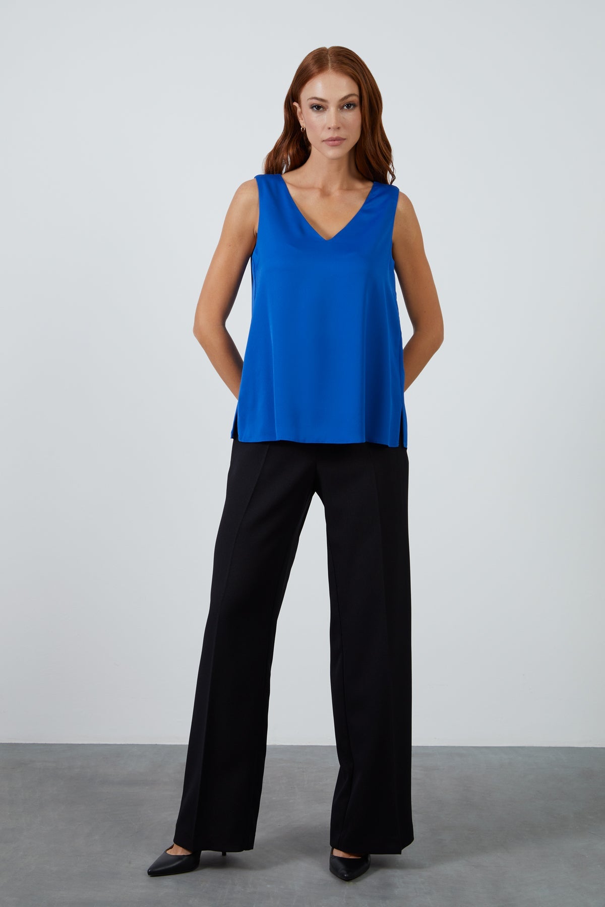 Olive  Satin Sleeveless Blouse with V-Neck