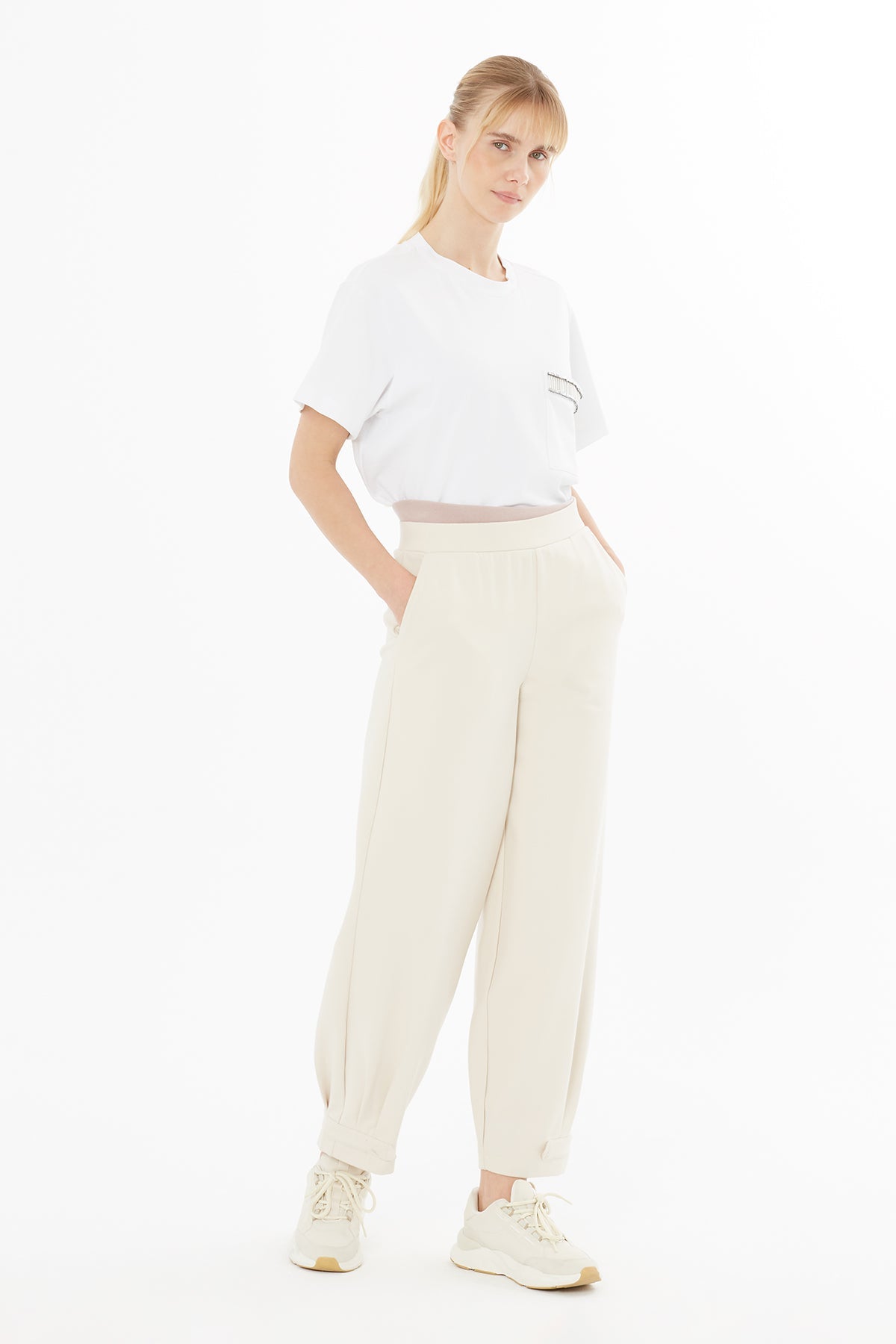 Beige Elastic-Hem Wide-Leg Sweatpants