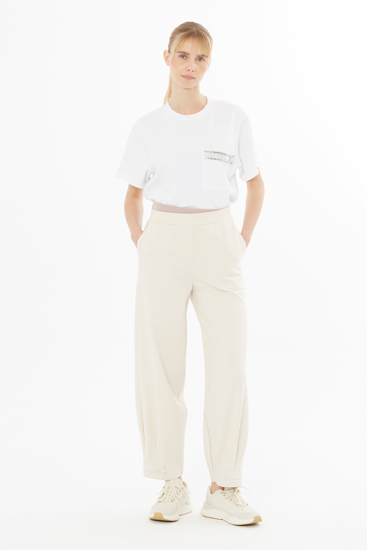 Beige Elastic-Hem Wide-Leg Sweatpants