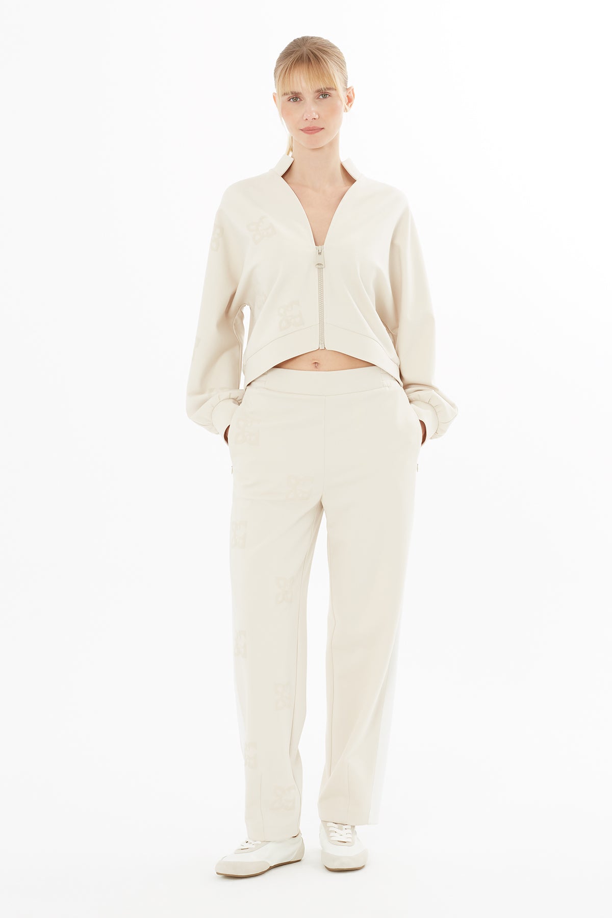 Beige Printed Wide-Leg Sweatpants