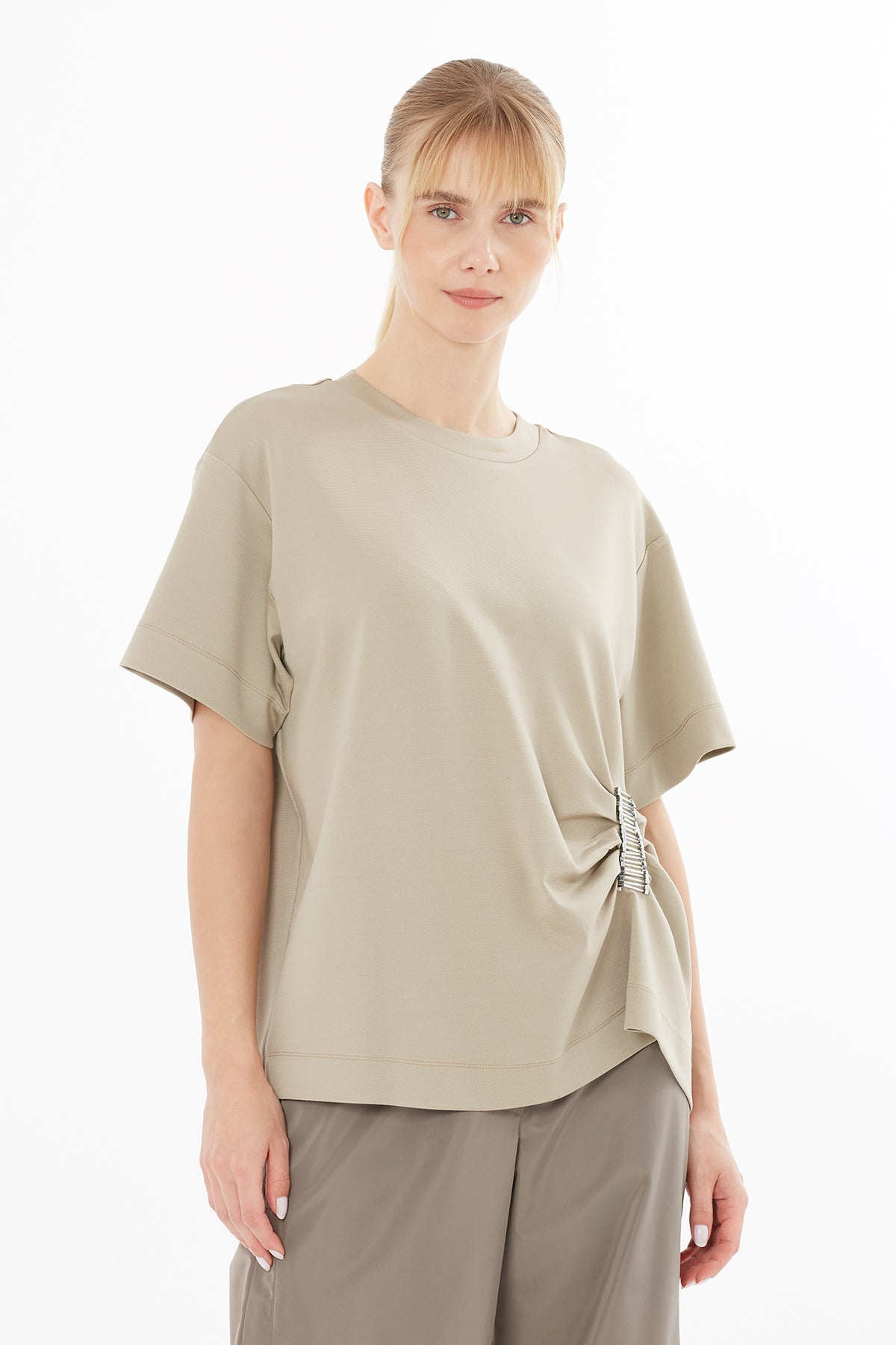 Beige Blouse with Embroidered Waist Detail