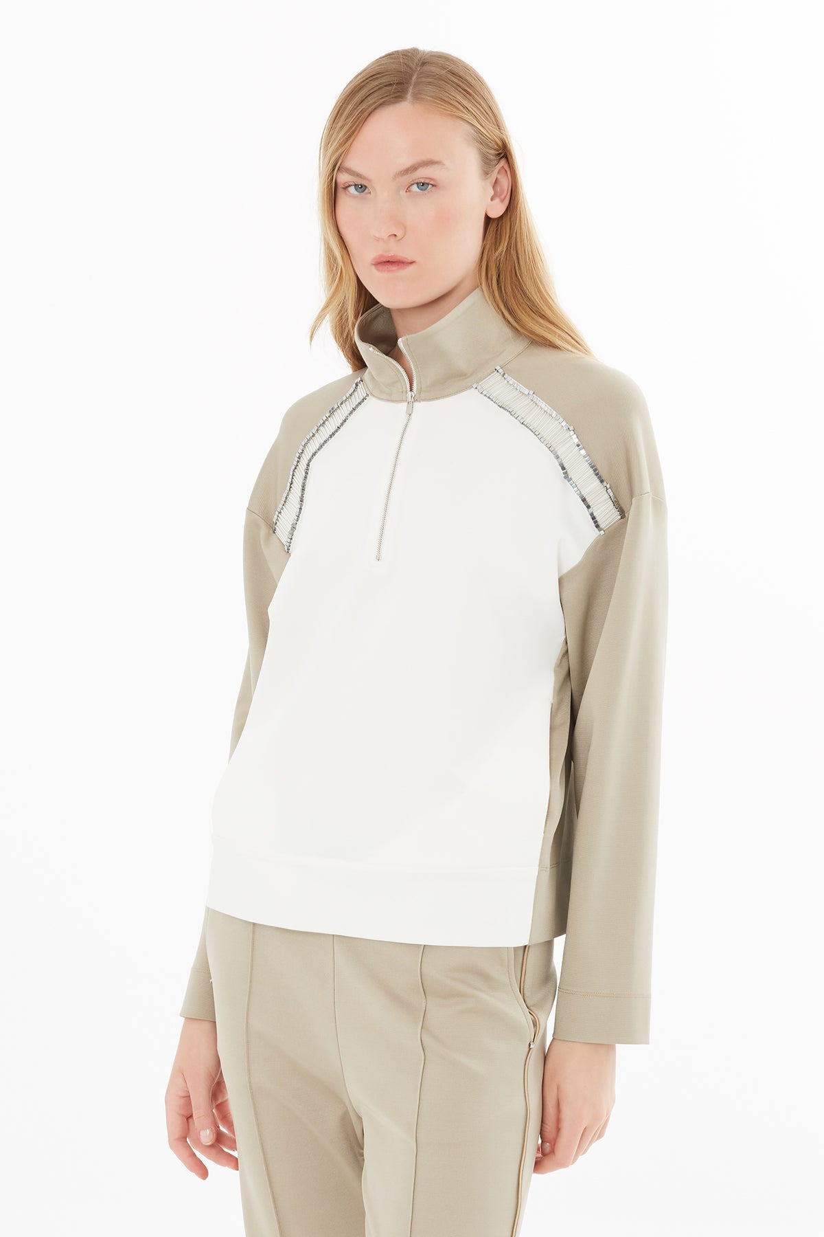 Beige High-Neck Blouse with Zipper