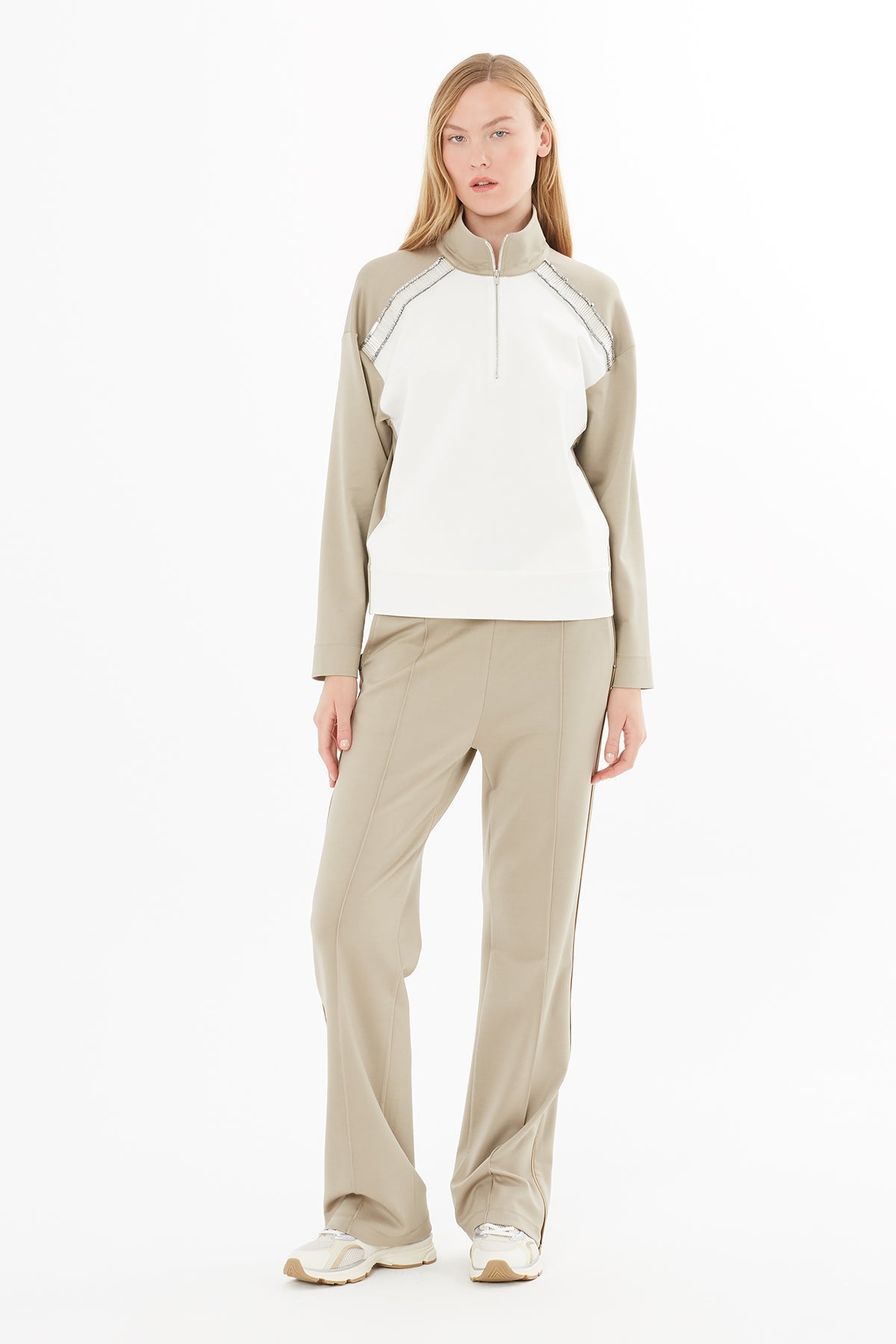 Beige High-Neck Blouse with Zipper