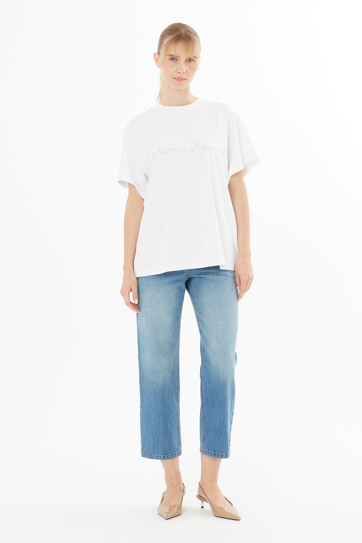 Ecru T-Shirt with Glitter Embroidery