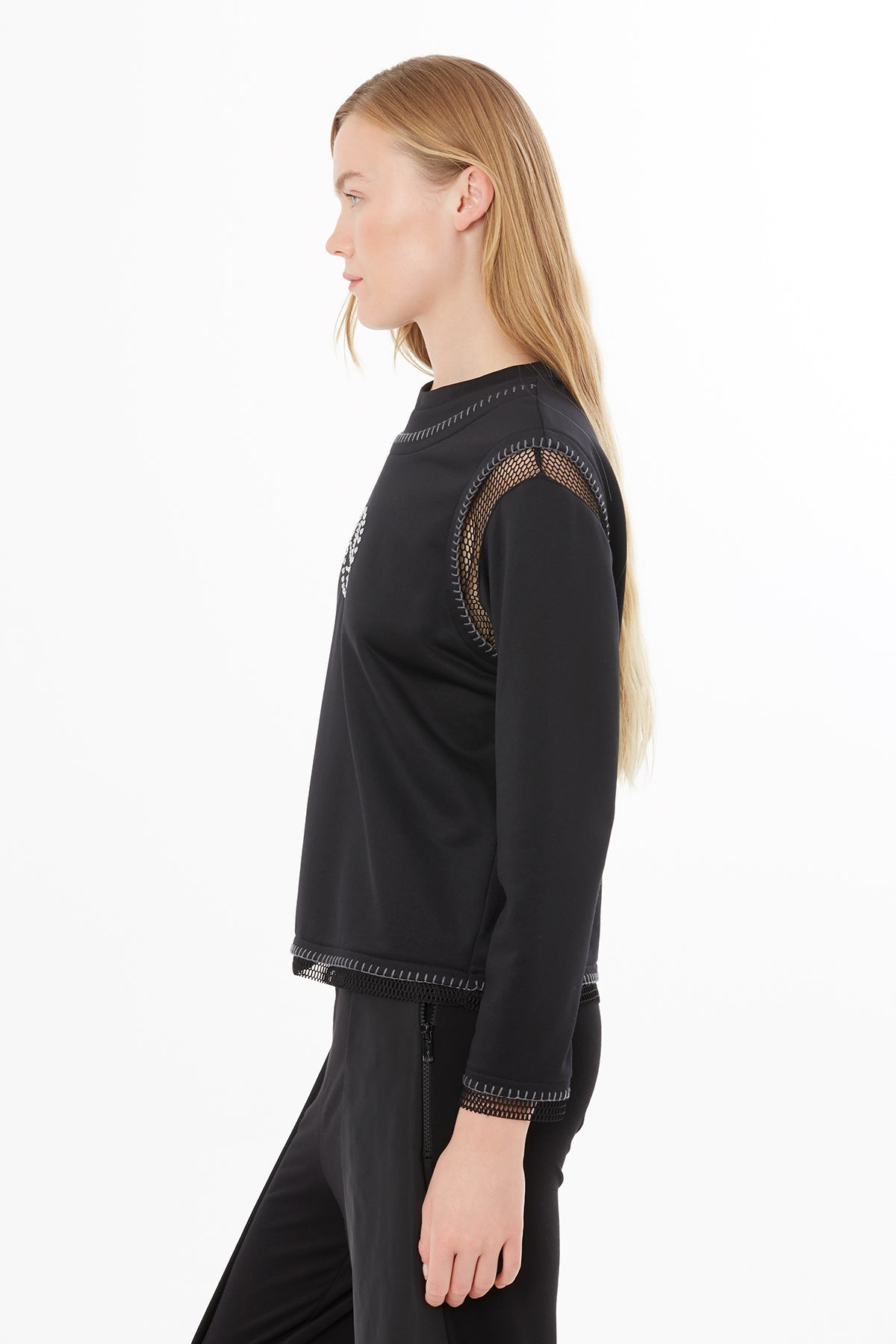 Black Blouse with Sheer Stitching Details