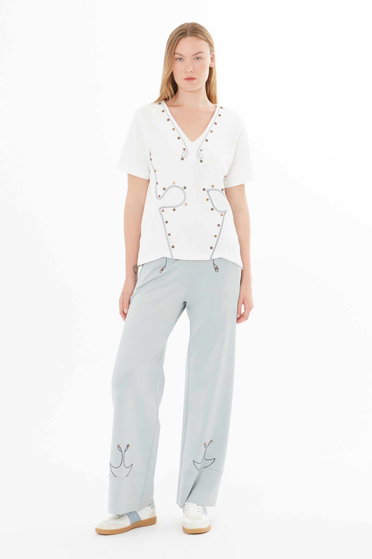 Ecru V-Neck T-Shirt with Embroidered Detail