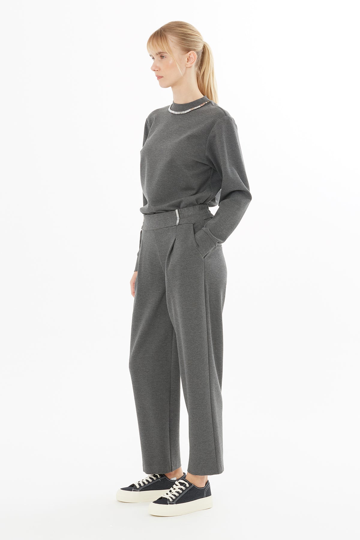 Grey Sweatshirt with Embroidered Collar