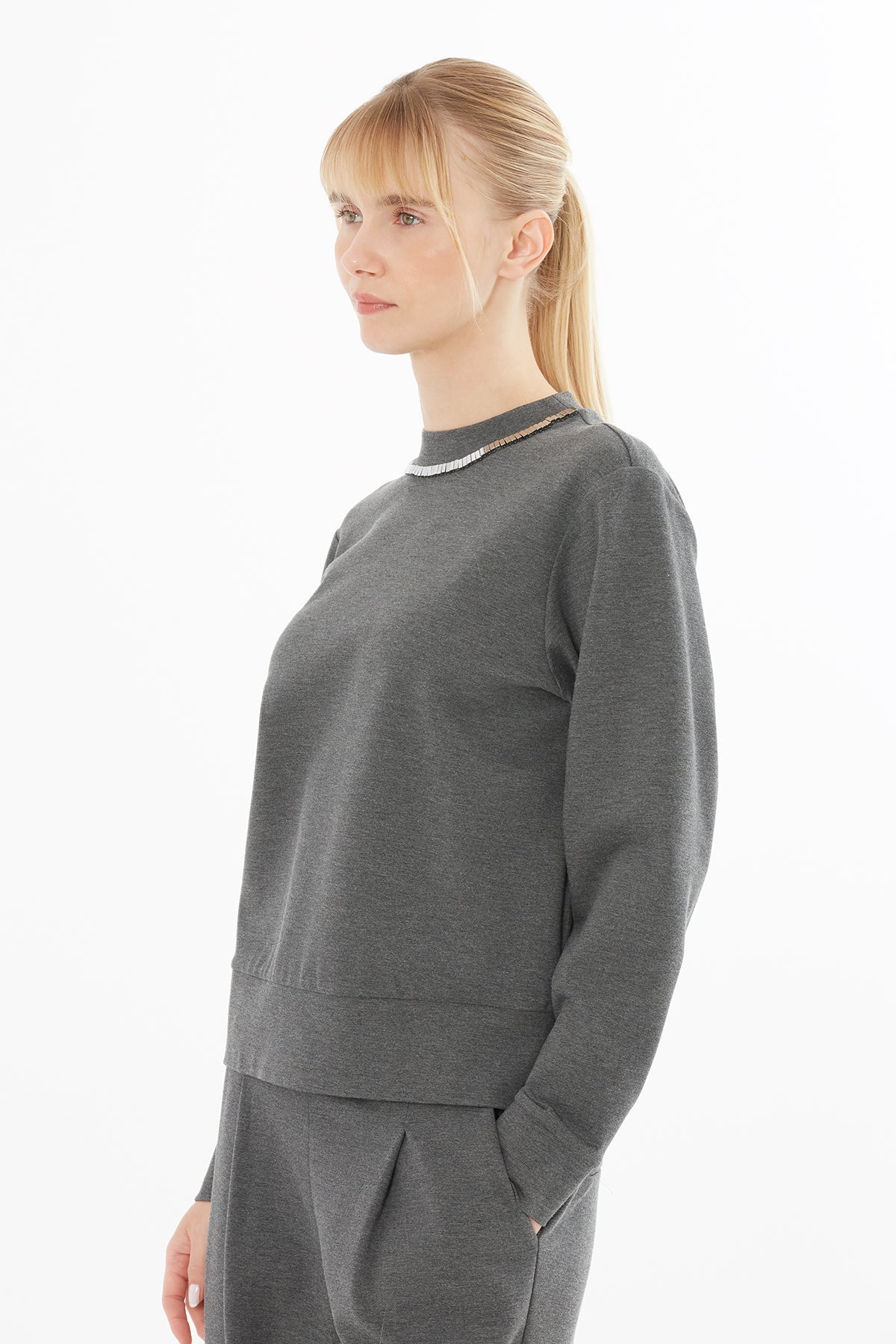 Grey Sweatshirt with Embroidered Collar
