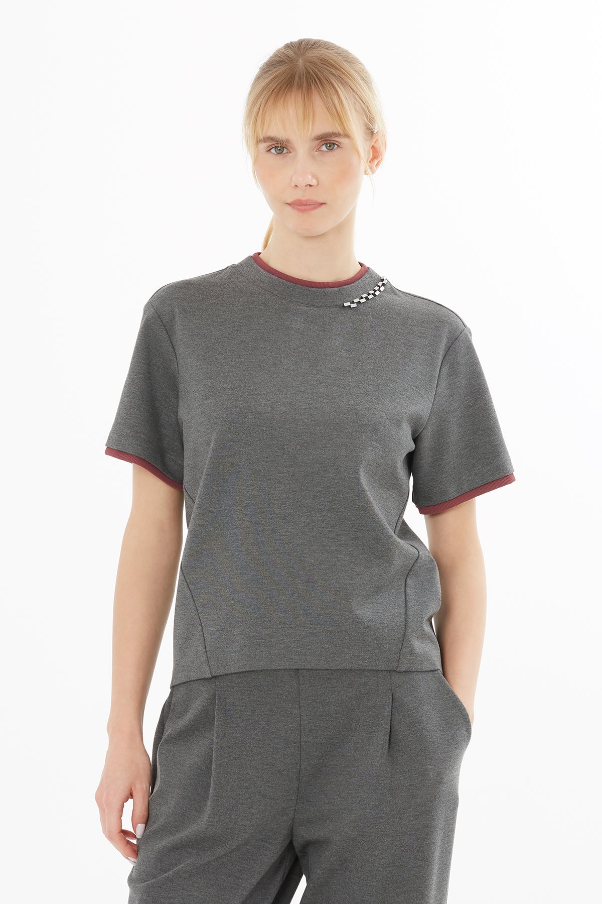 Grey Blouse with Detailed Accessories