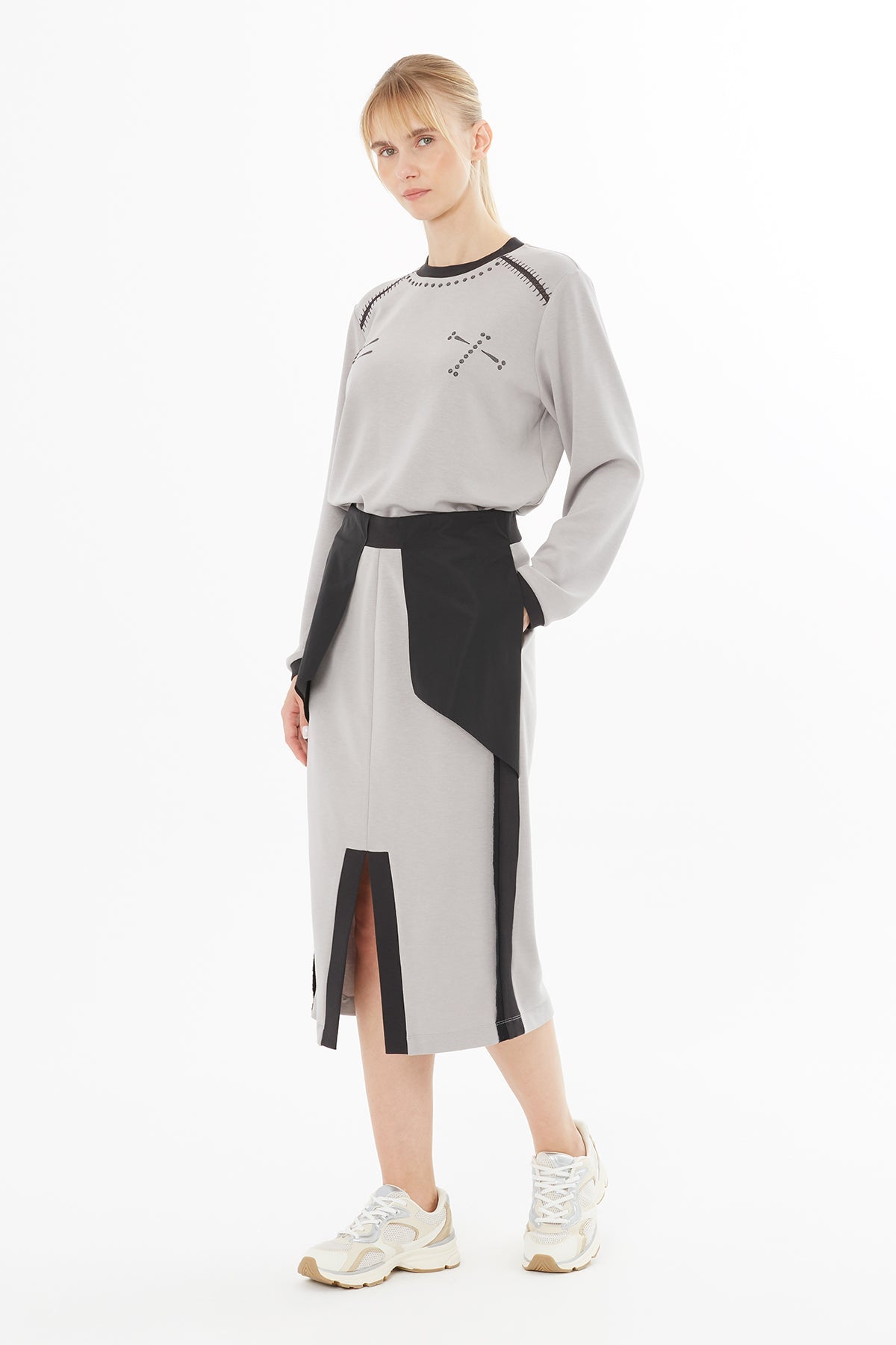 Grey Midi Skirt with Contrast Detail