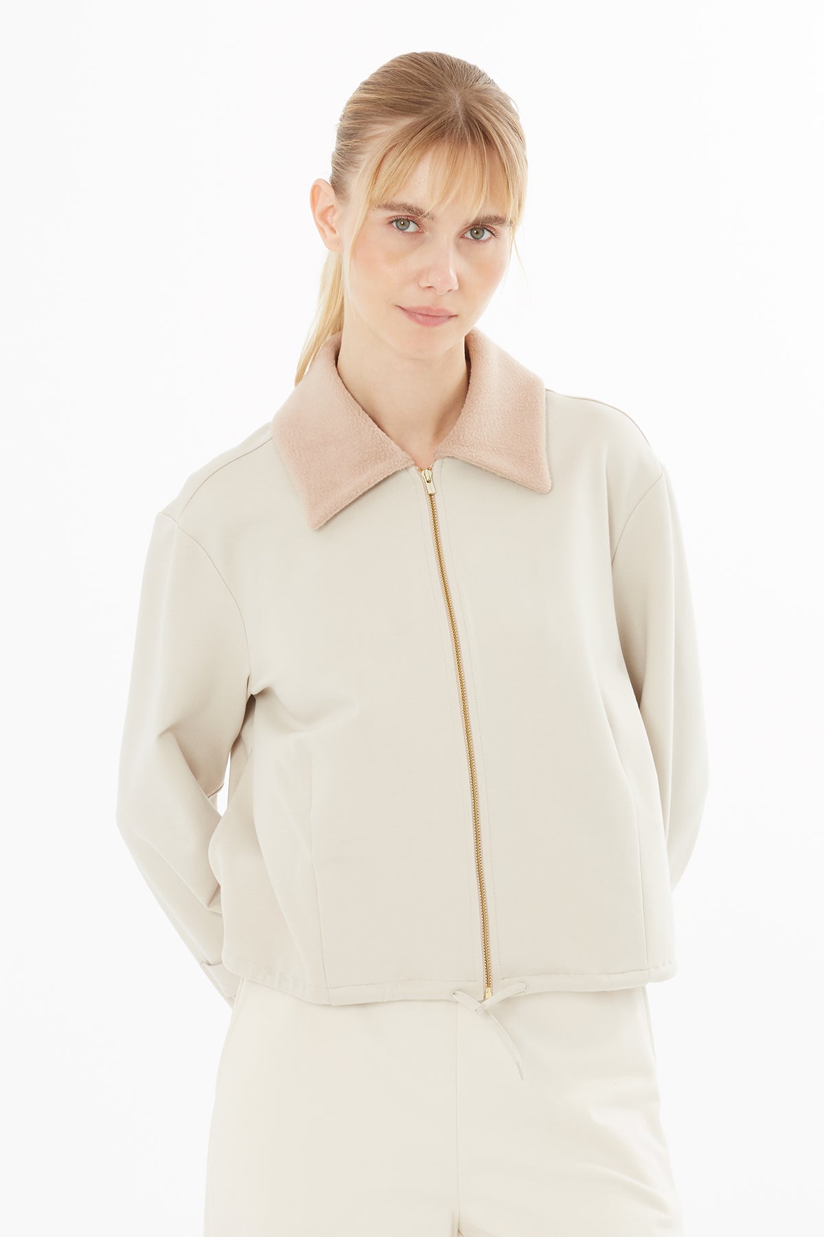 Beige Jacket with Knitted Collar Detail