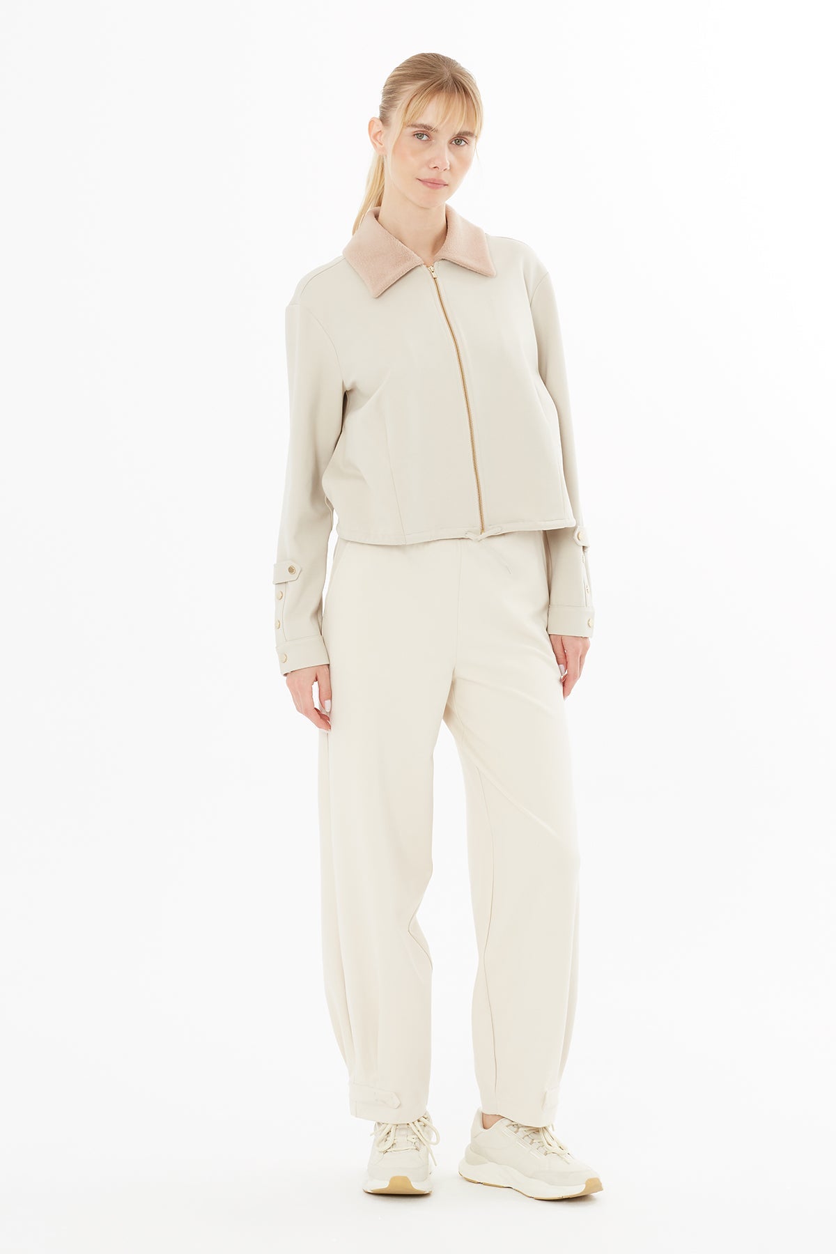 Beige Jacket with Knitted Collar Detail