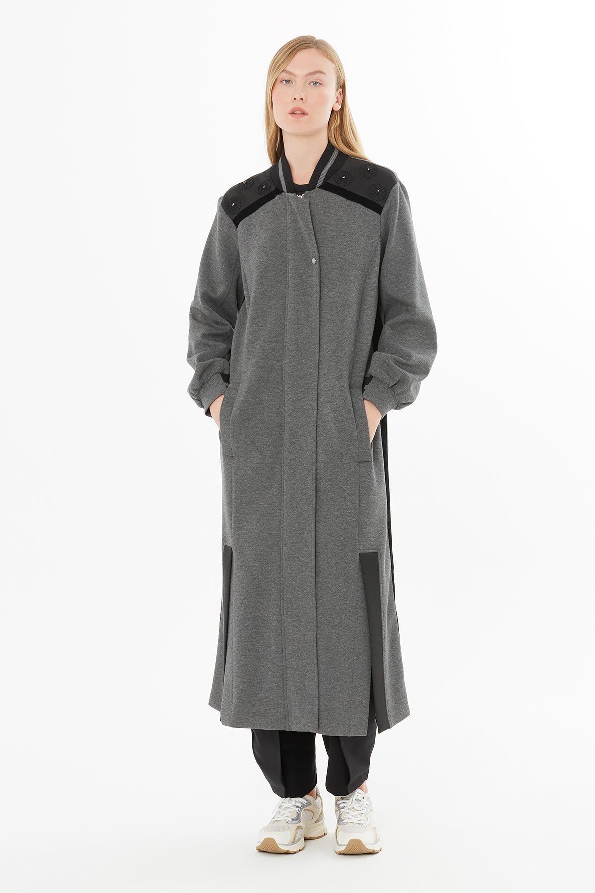 Grey Long Jacket with Contrast Details