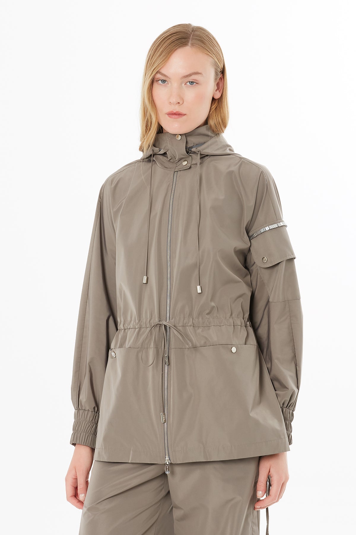 Grey Raincoat with Drawstring Waist