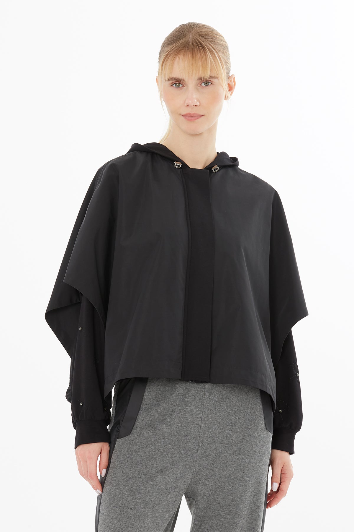 Black Embroidered Hooded Raincoat