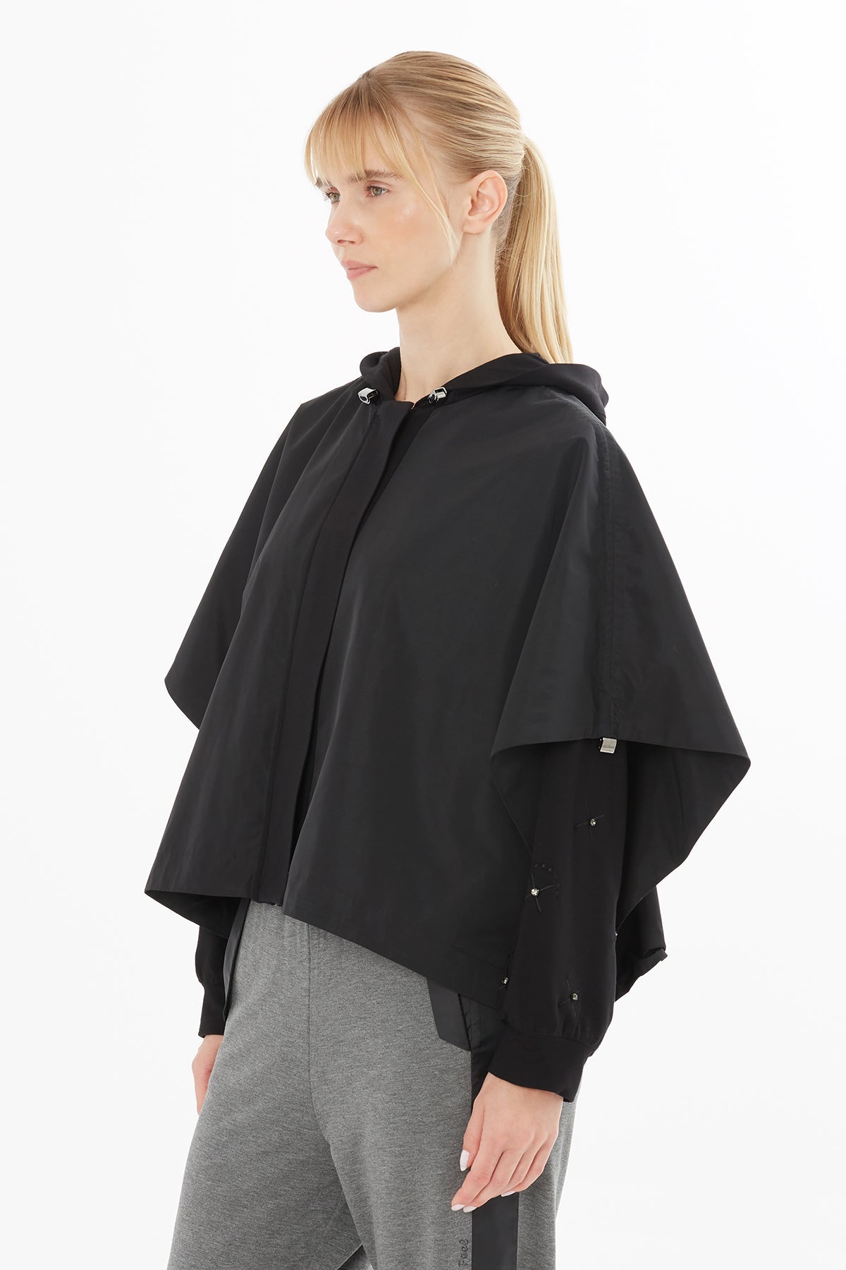 Black Embroidered Hooded Raincoat