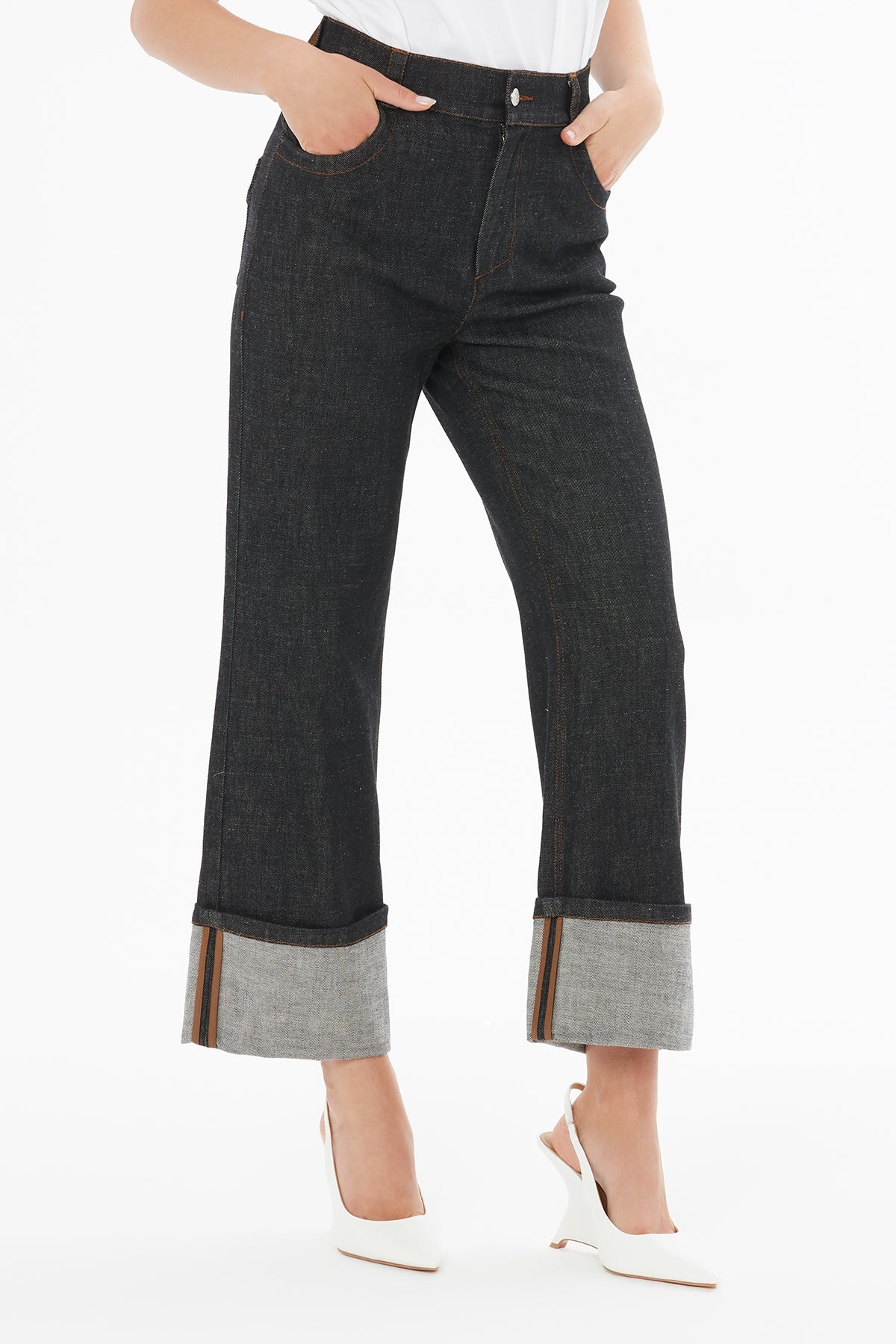 Black Cuffed-Hem Denim Jeans