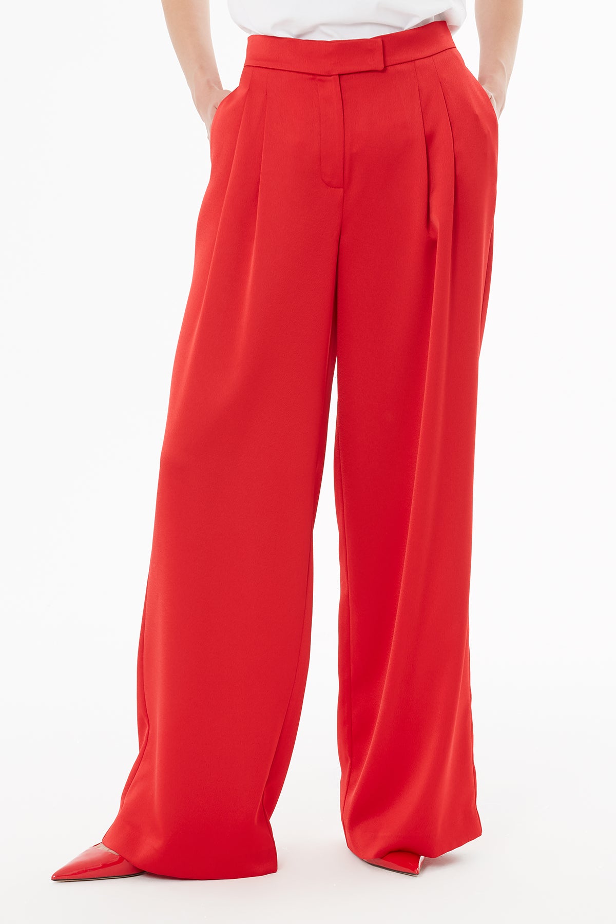 Red Trousers with Pleated Details
