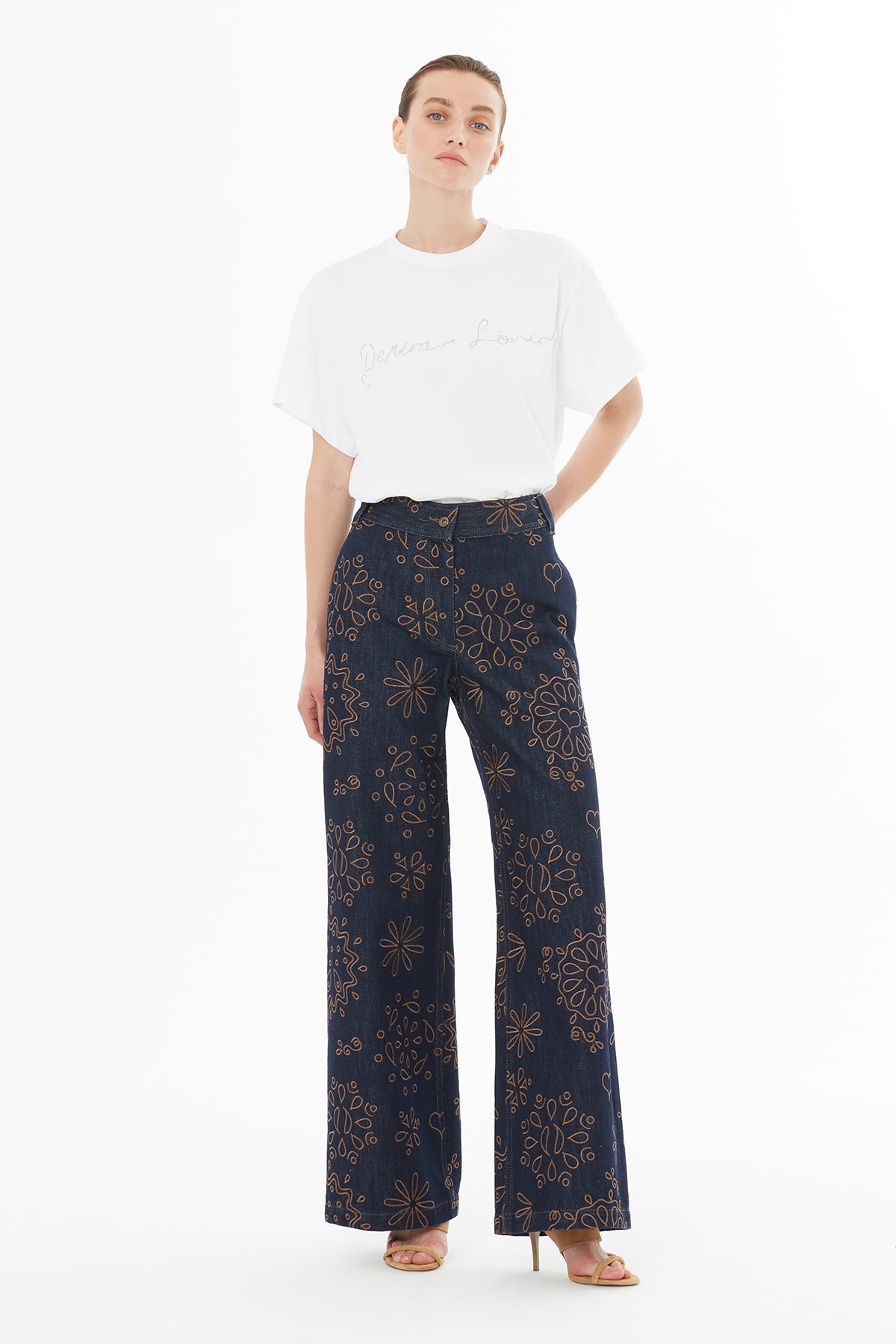 Navy Zip-Closure Embroidered Pants