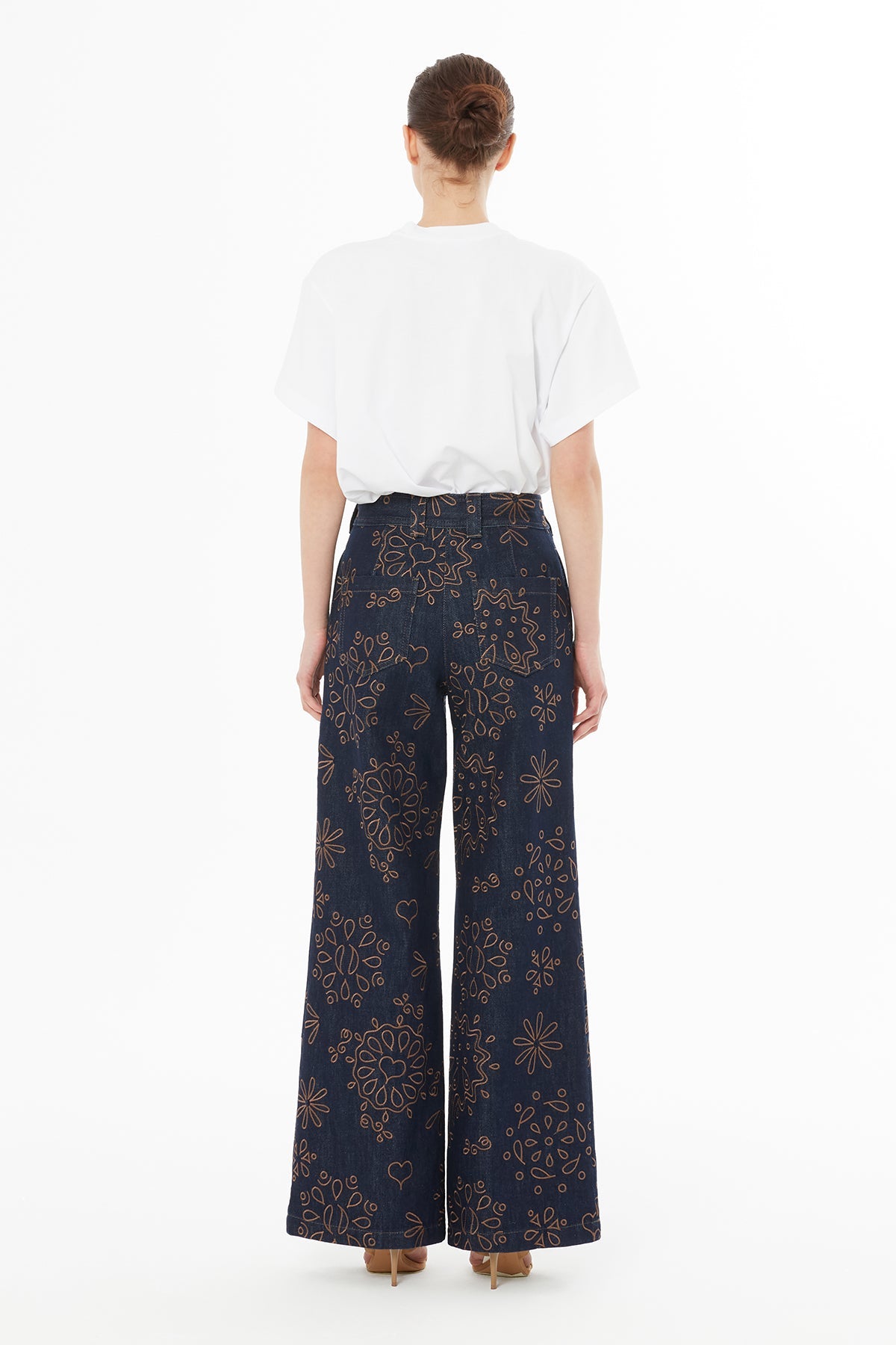 Navy Zip-Closure Embroidered Pants