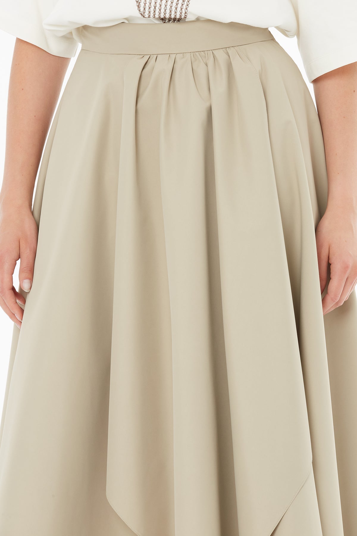 Beige Asymmetrical Gathered Midi Skirt