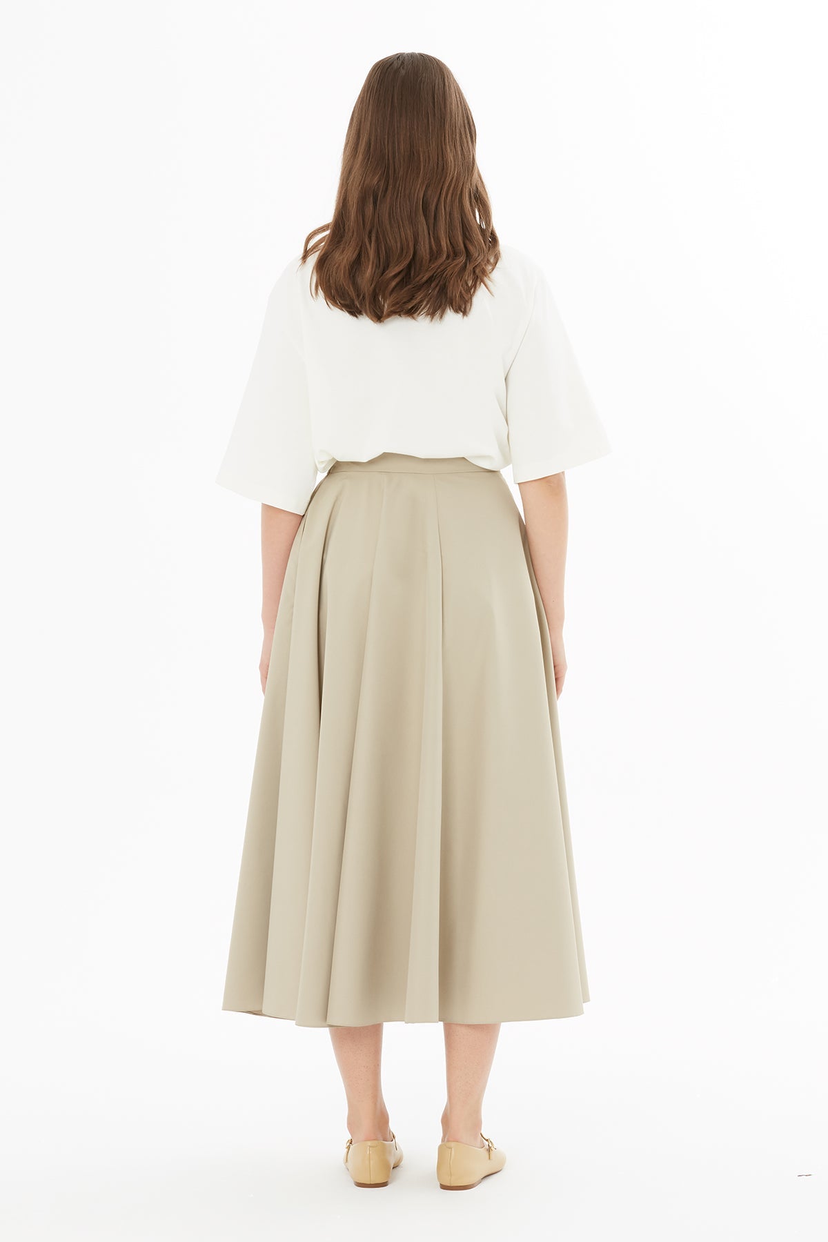 Beige Asymmetrical Gathered Midi Skirt