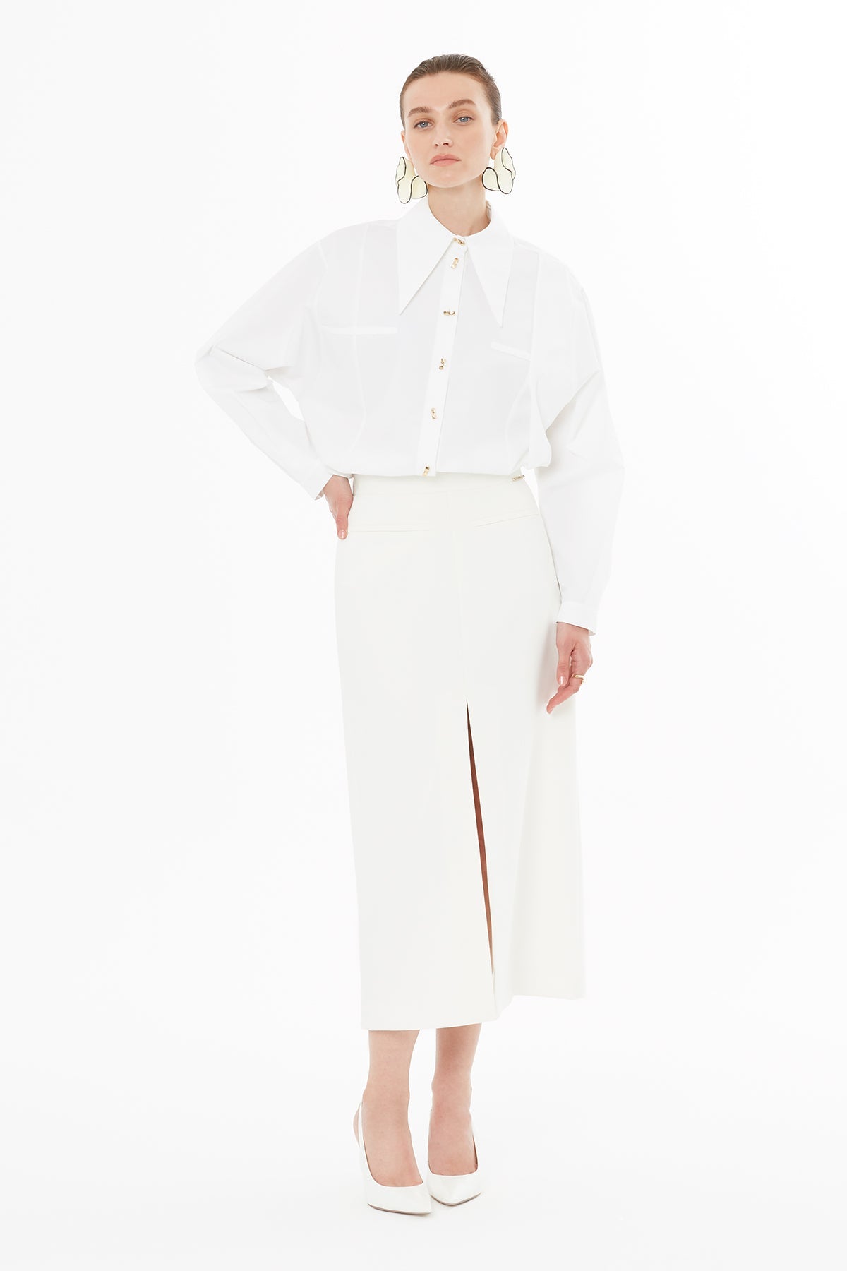 Ecru Pencil Skirt with Slit Detail