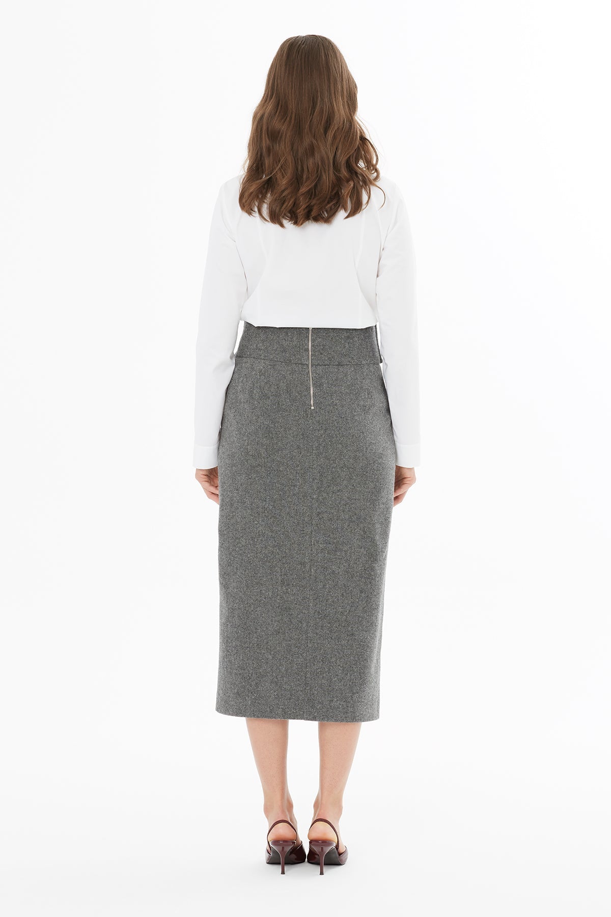 Grey Slit Midi Skirt with Belt