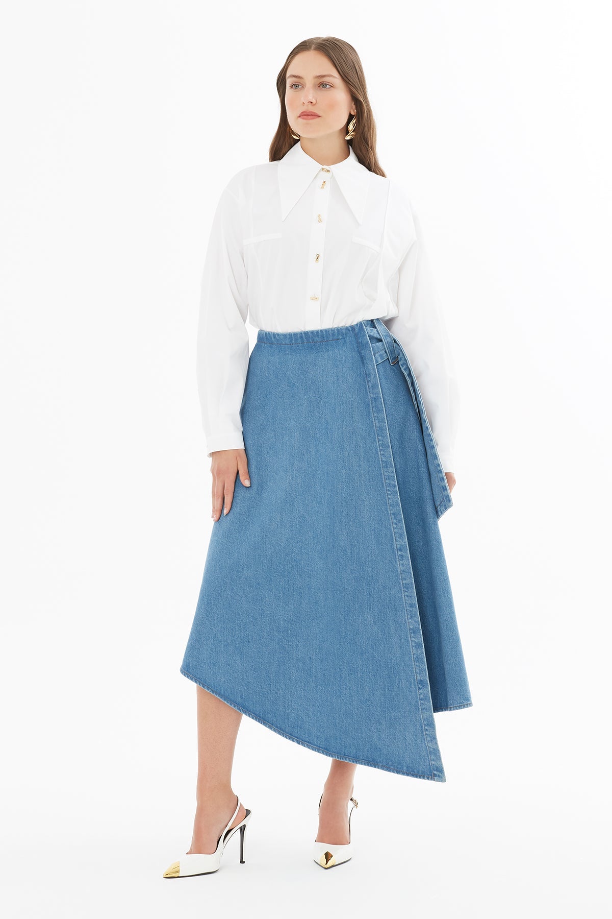 Denim Midi Skirt with Belt Detail