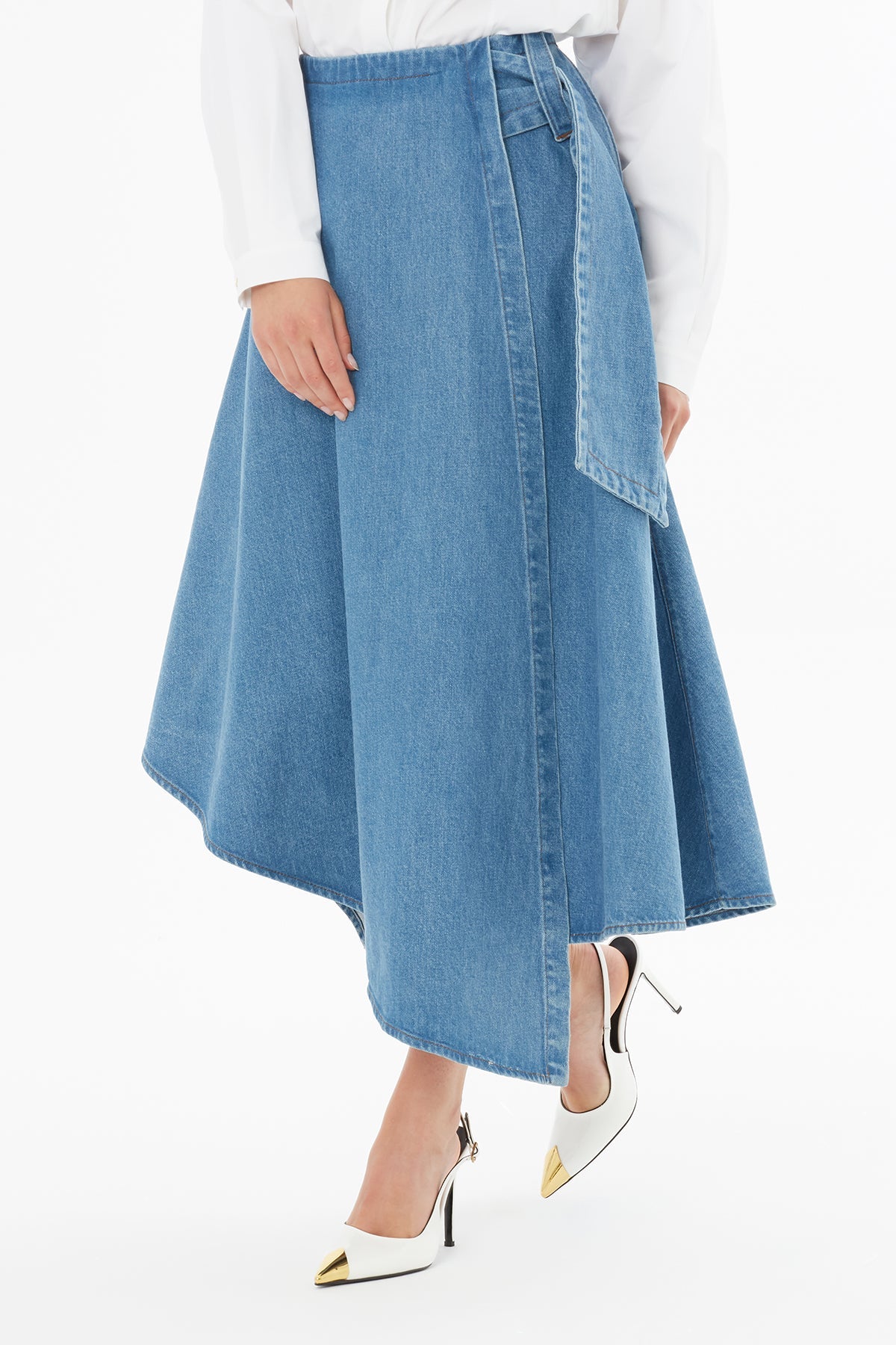 Denim Midi Skirt with Belt Detail