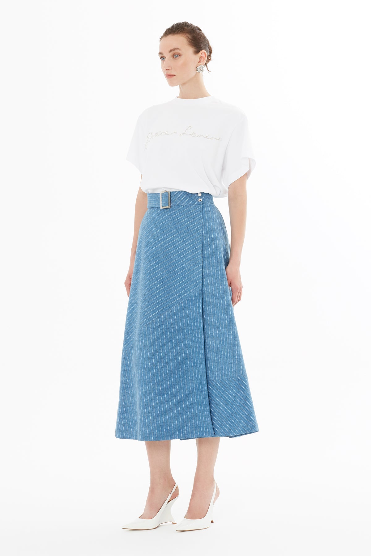 Denim Midi Skirt with Stripes